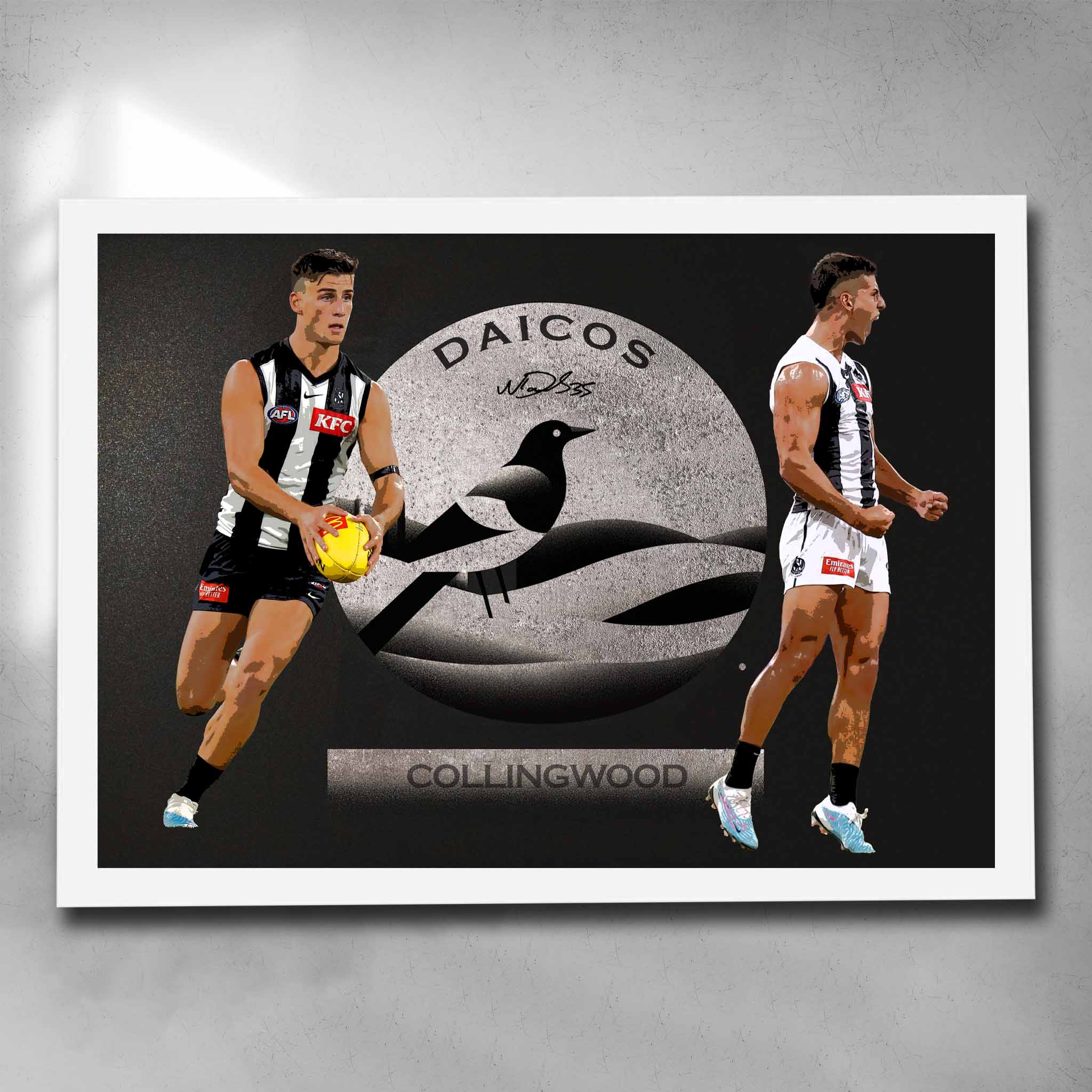 White framed AFL art by Sports Cave, featuring Nick Daicos from the Collingwood Magpies.