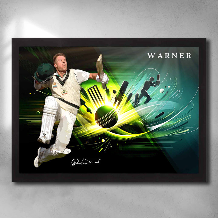 Black framed cricket art by Sports Cave, featuring Australian cricketer David Warner.