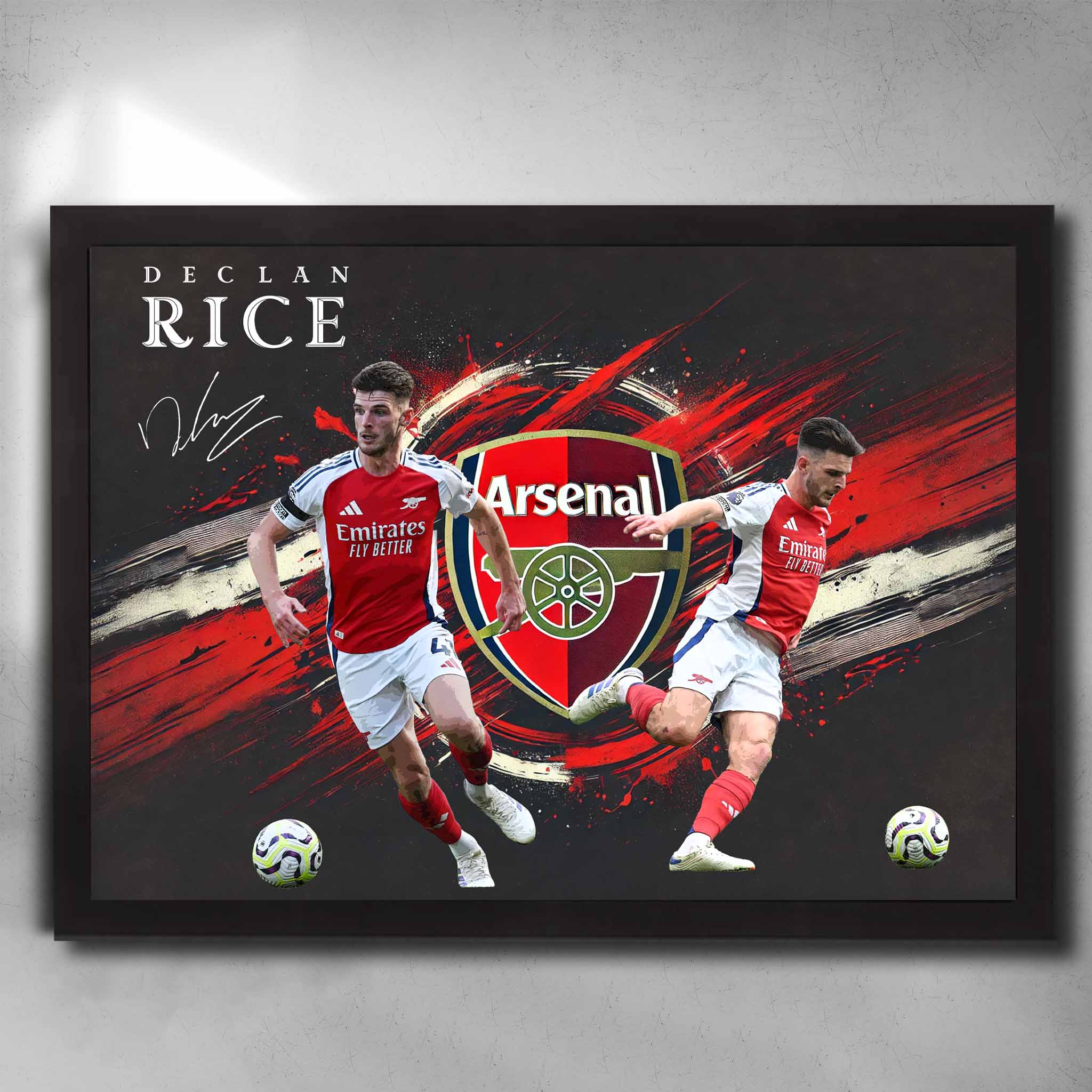 Framed Declan Rice Arsenal wall art with action poses, bold red graphics, and club crest centerpiece.