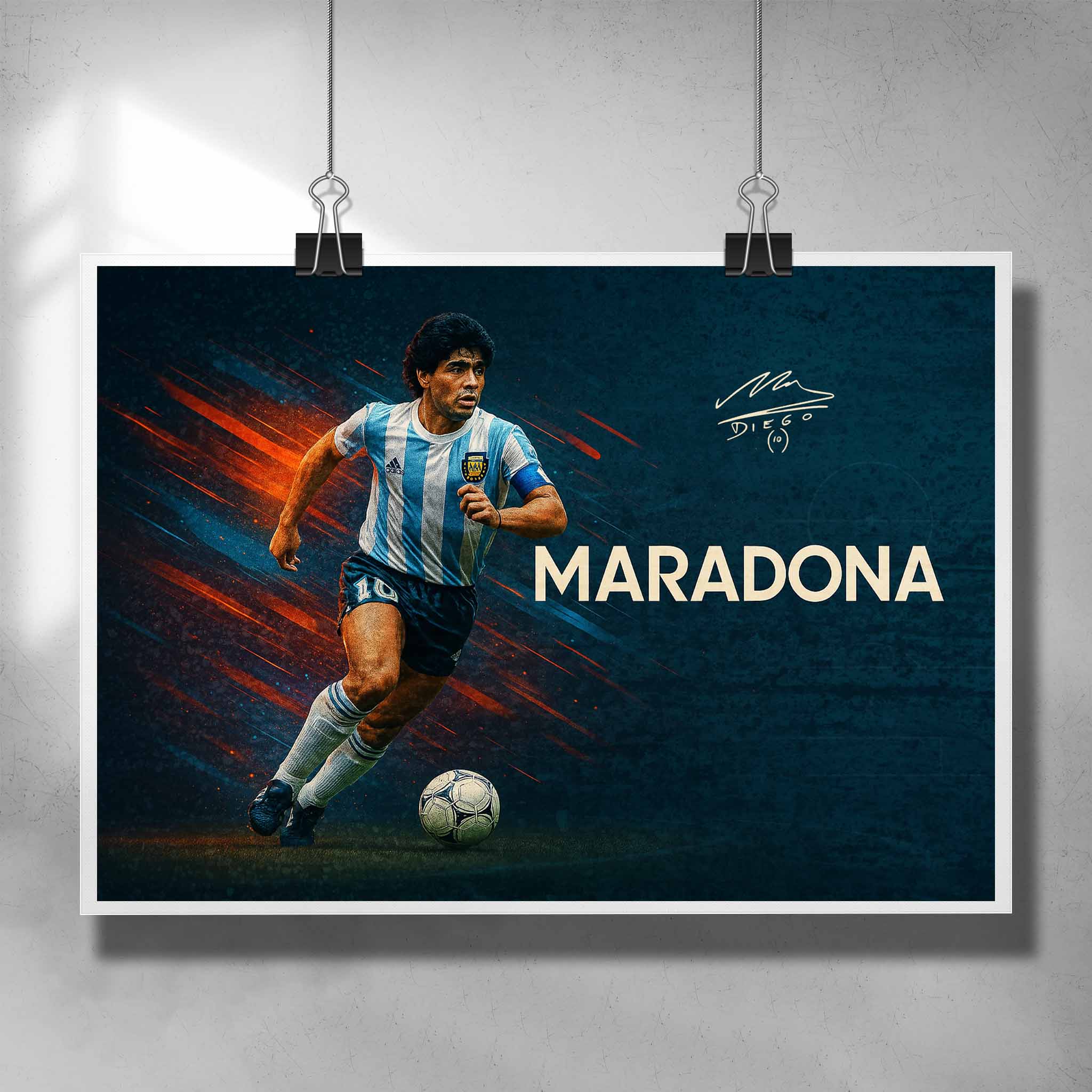 Soccer art poster featuring a signed print of the legendary Diego Maradona playing for Argentina - Artwork by Sports Cave.
