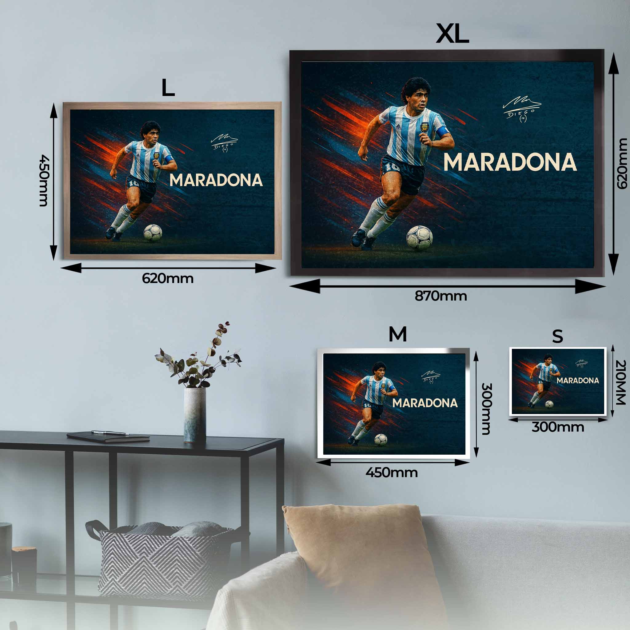 Visual representation of Diego Maradona framed art size options, ranging from A4 to A1, to assist customers in selecting the right size for their space and preferences.
