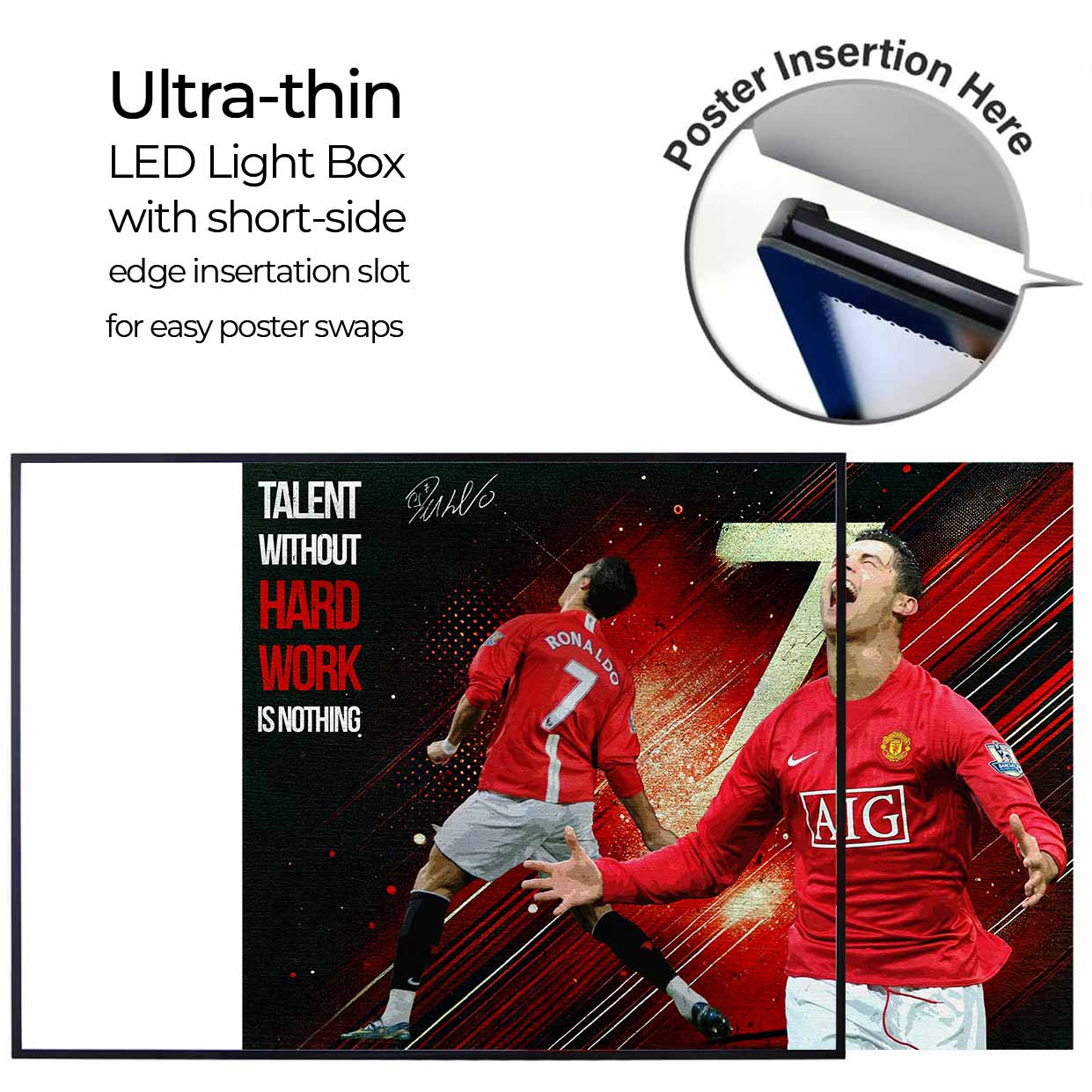 Ultra-thin LED light box with short-side poster slot shown mid-swap using Cristiano Ronaldo art print, available from sportscaveshop.com.