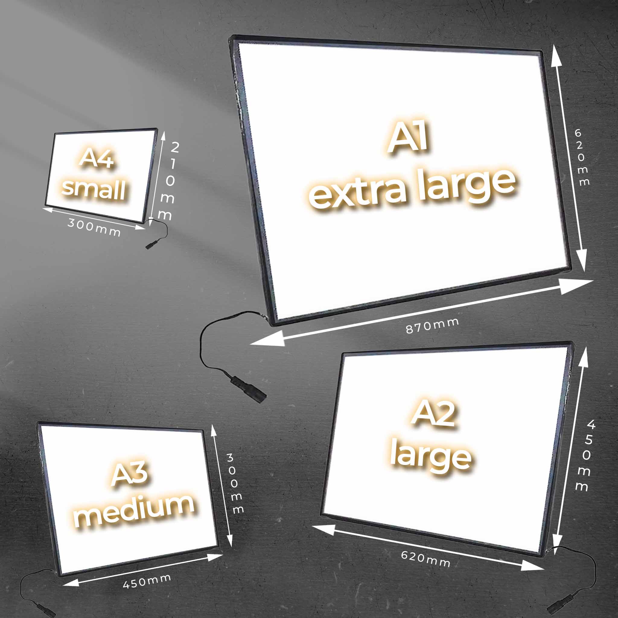 LED light box size guide showing A4, A3, A2, and A1 display frame dimensions with power cords, available at sportscaveshop.com.