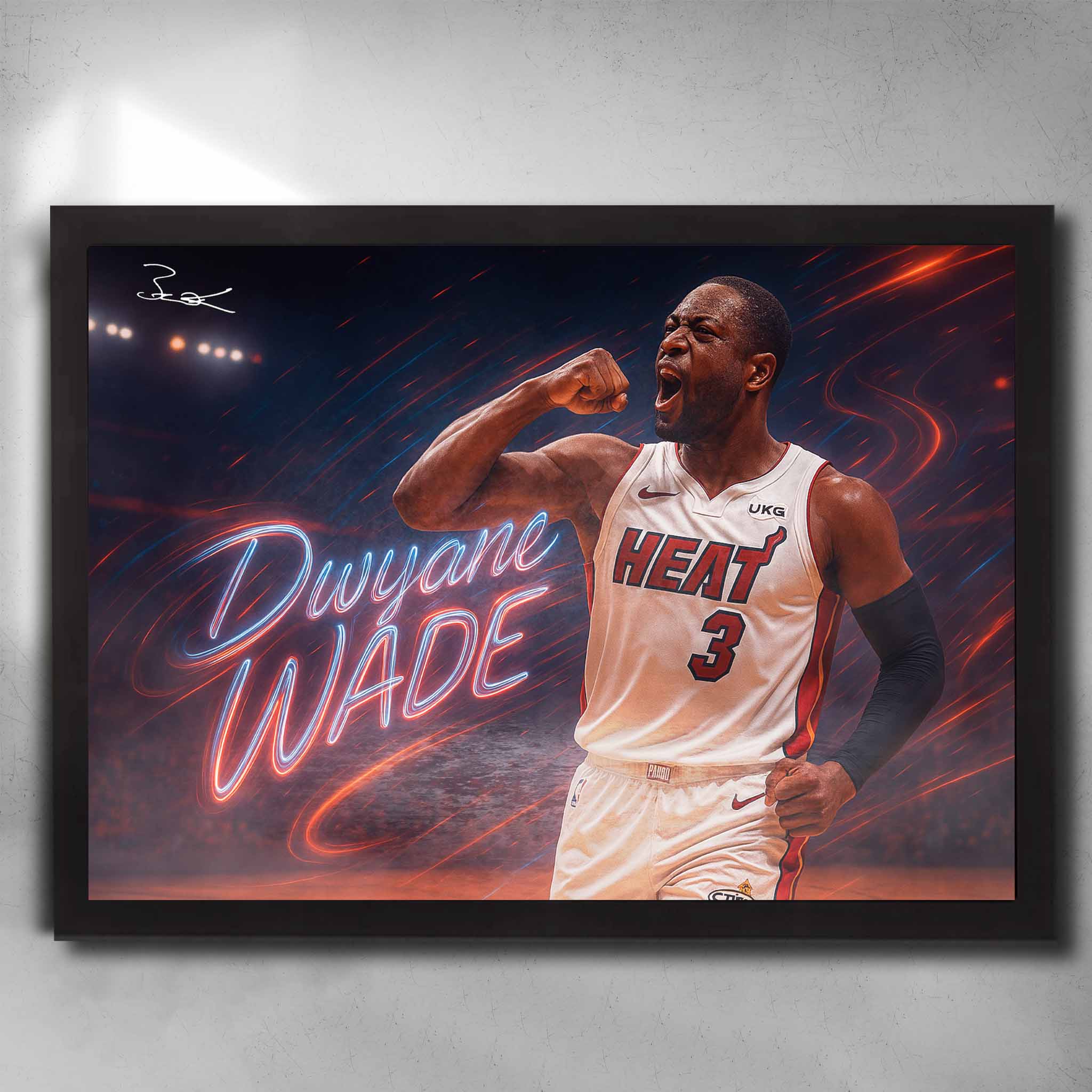 Framed Dwyane Wade Miami Heat wall art with fist pump celebration, neon-style name, and arena background.