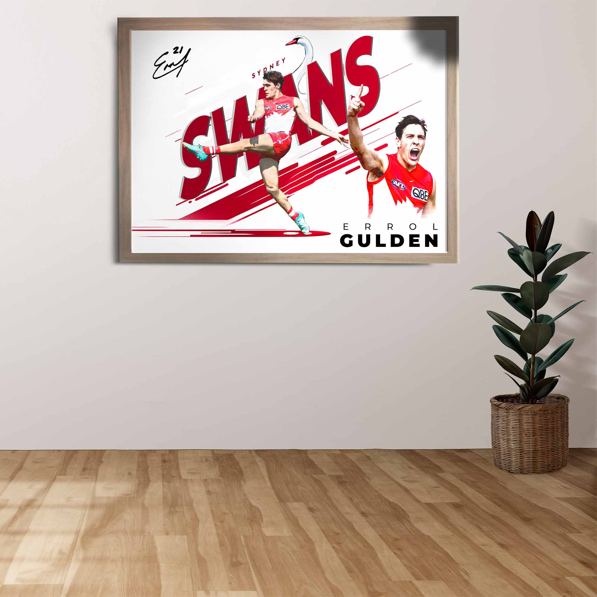 Errol Gulden Poster in a frame displayed on a Sydney Swans fan wall.