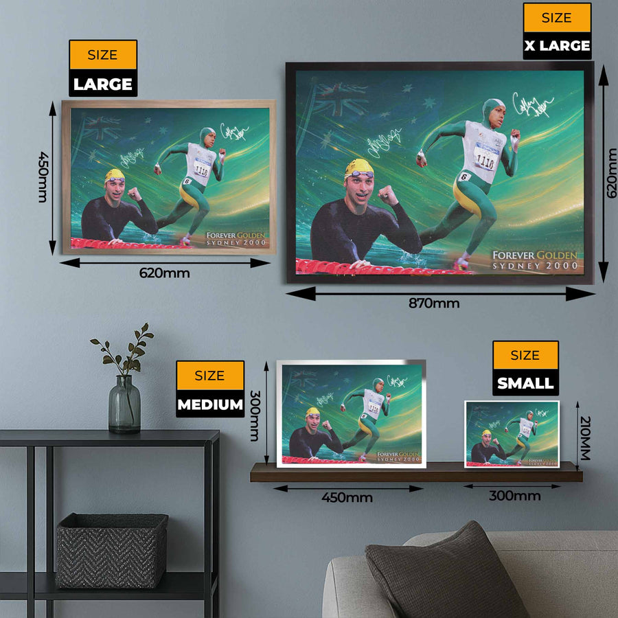 Size guide showing small to extra-large framed sports art of Cathy Freeman and Ian Thorpe, from www.sportscaveshop.com.