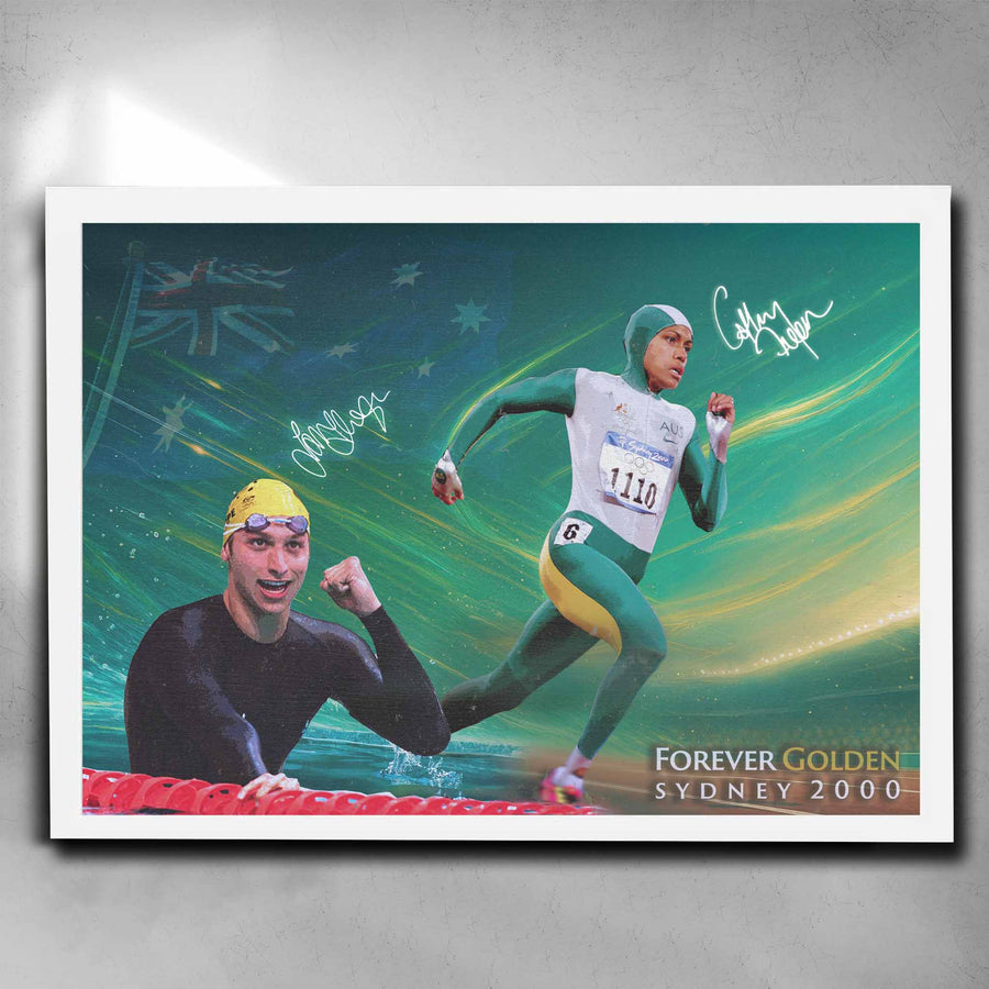 Premium framed sports memorabilia of Cathy Freeman and Ian Thorpe, featuring a white frame, from www.sportscaveshop.com