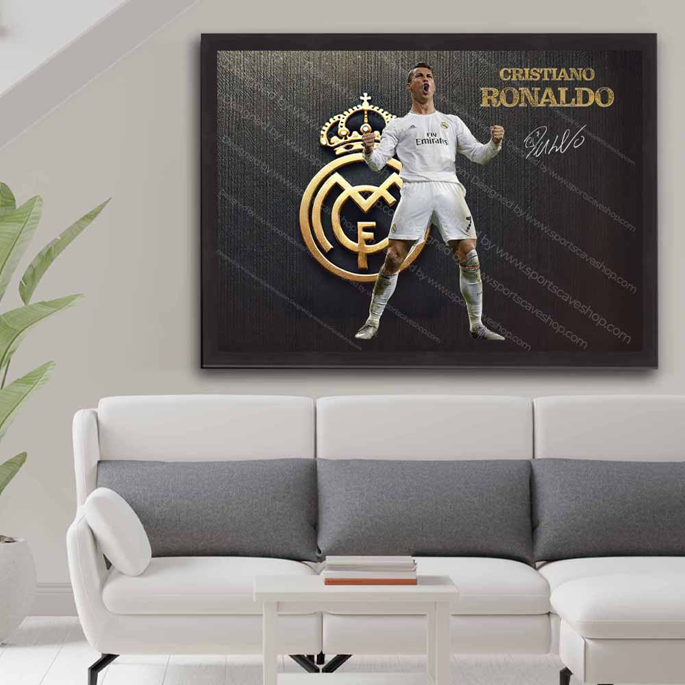 Cristiano Ronaldo digital sports art download featuring Real Madrid tribute — high-resolution printable wall art for man cave decor.