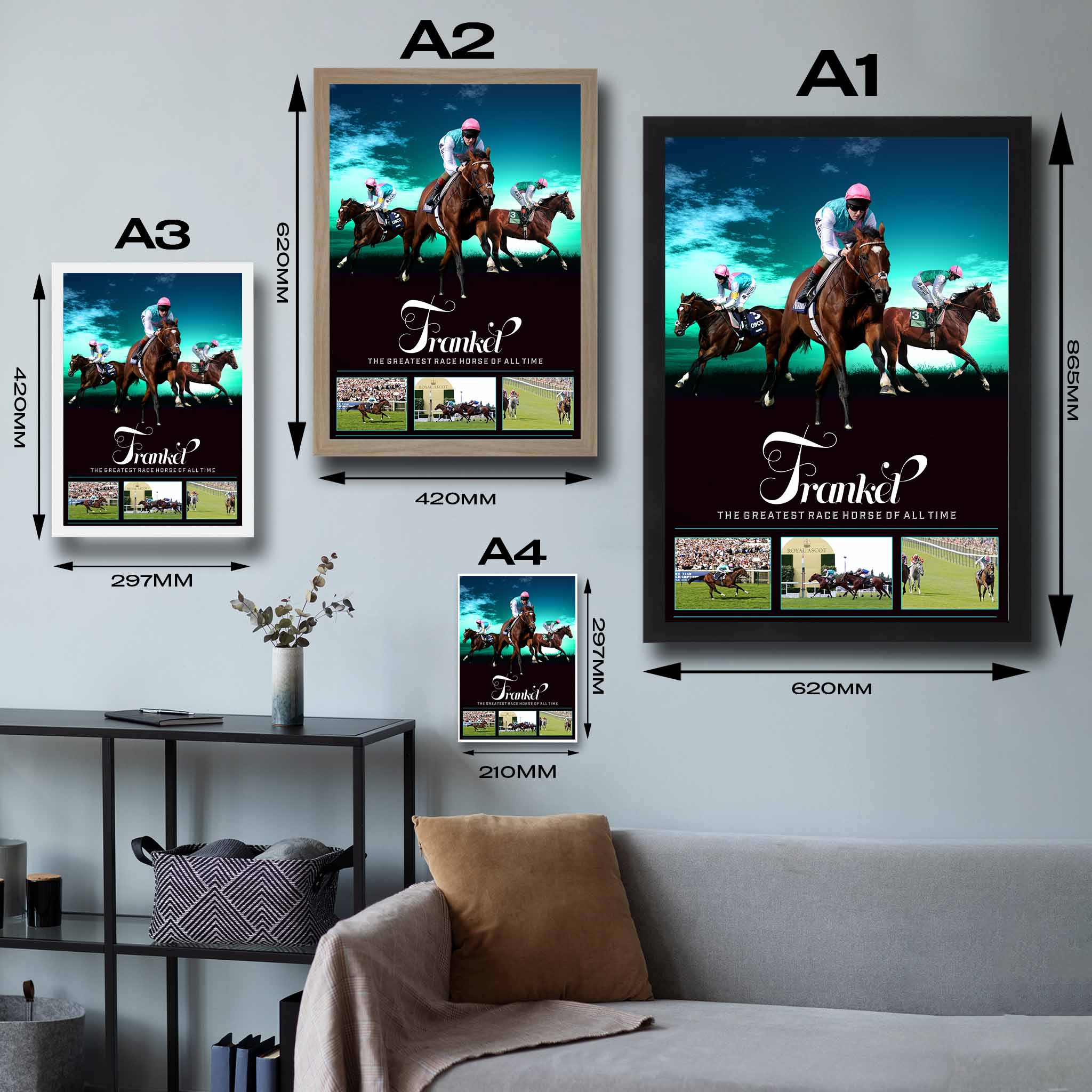 Framed art sizing guide featuring the greatest racehorse Frankel.