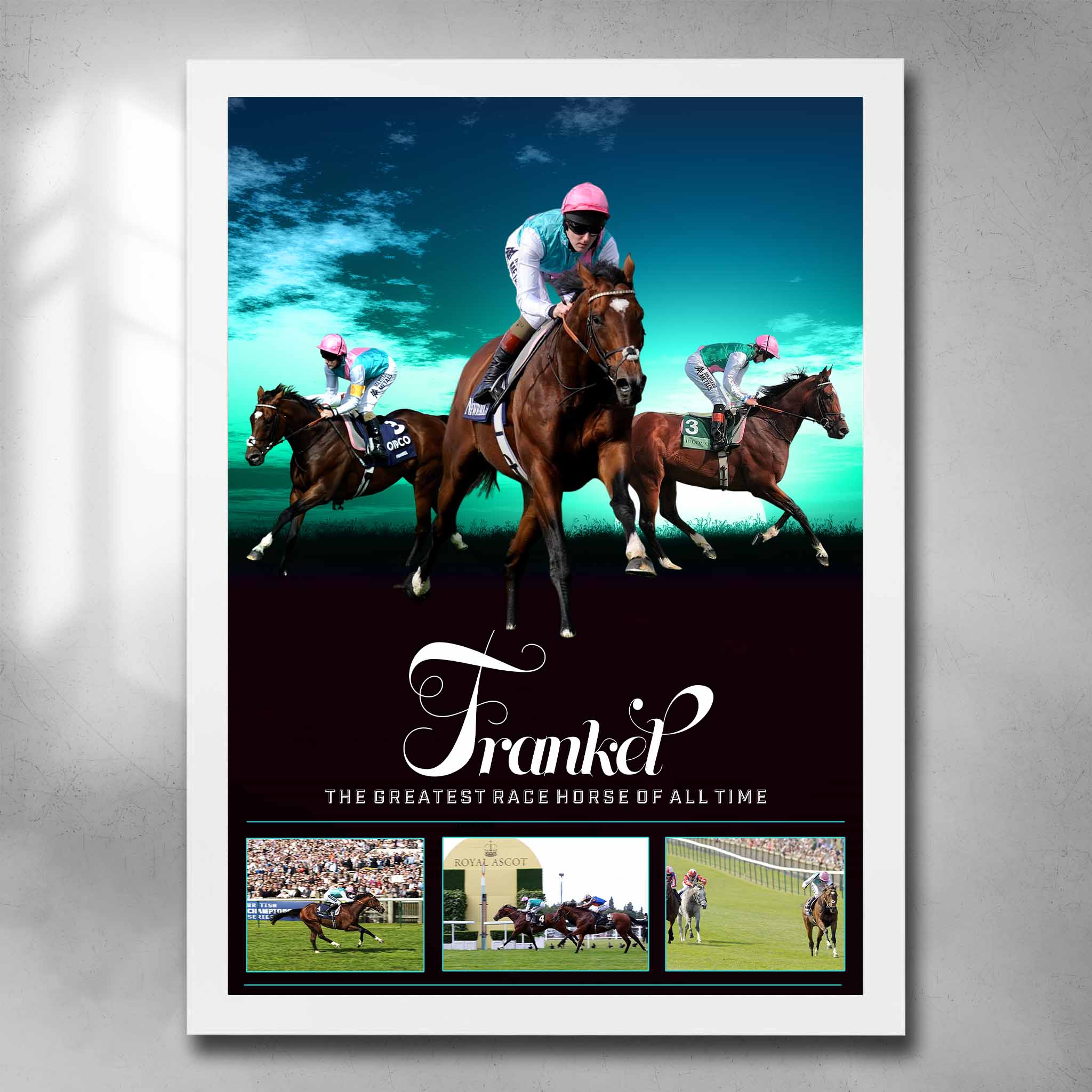 White framed horse racing poster by Sports Cave, featuring the greatest racehorse Frankel.