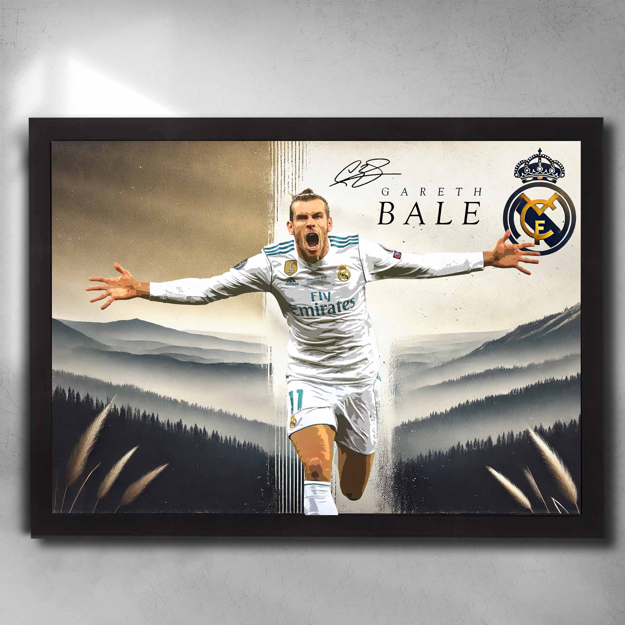 Framed Gareth Bale Real Madrid wall art featuring goal celebration, club crest, and mountain-style background design.