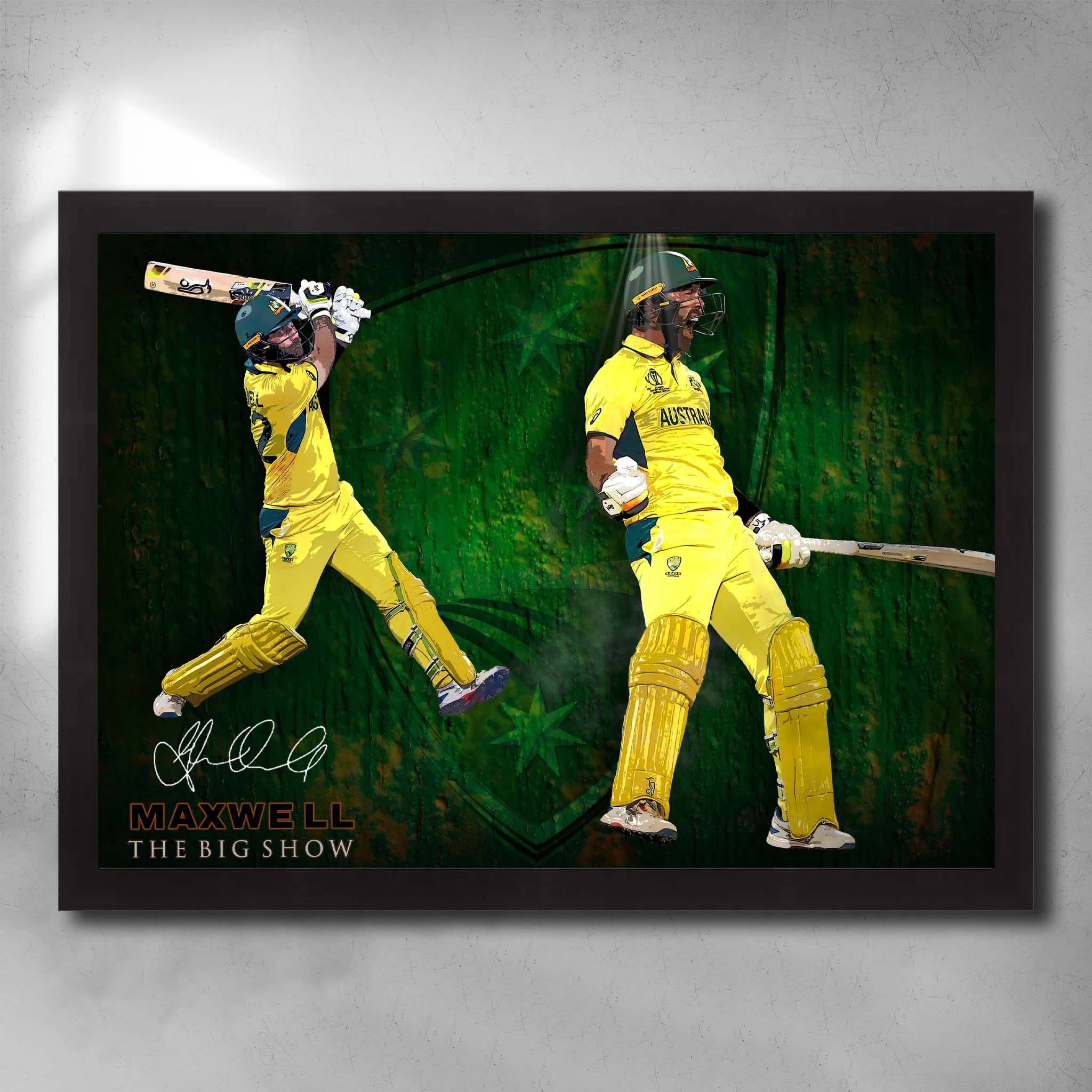 Framed Glenn Maxwell cricket wall art with action batting poses in Australian kit and dark green textured background.