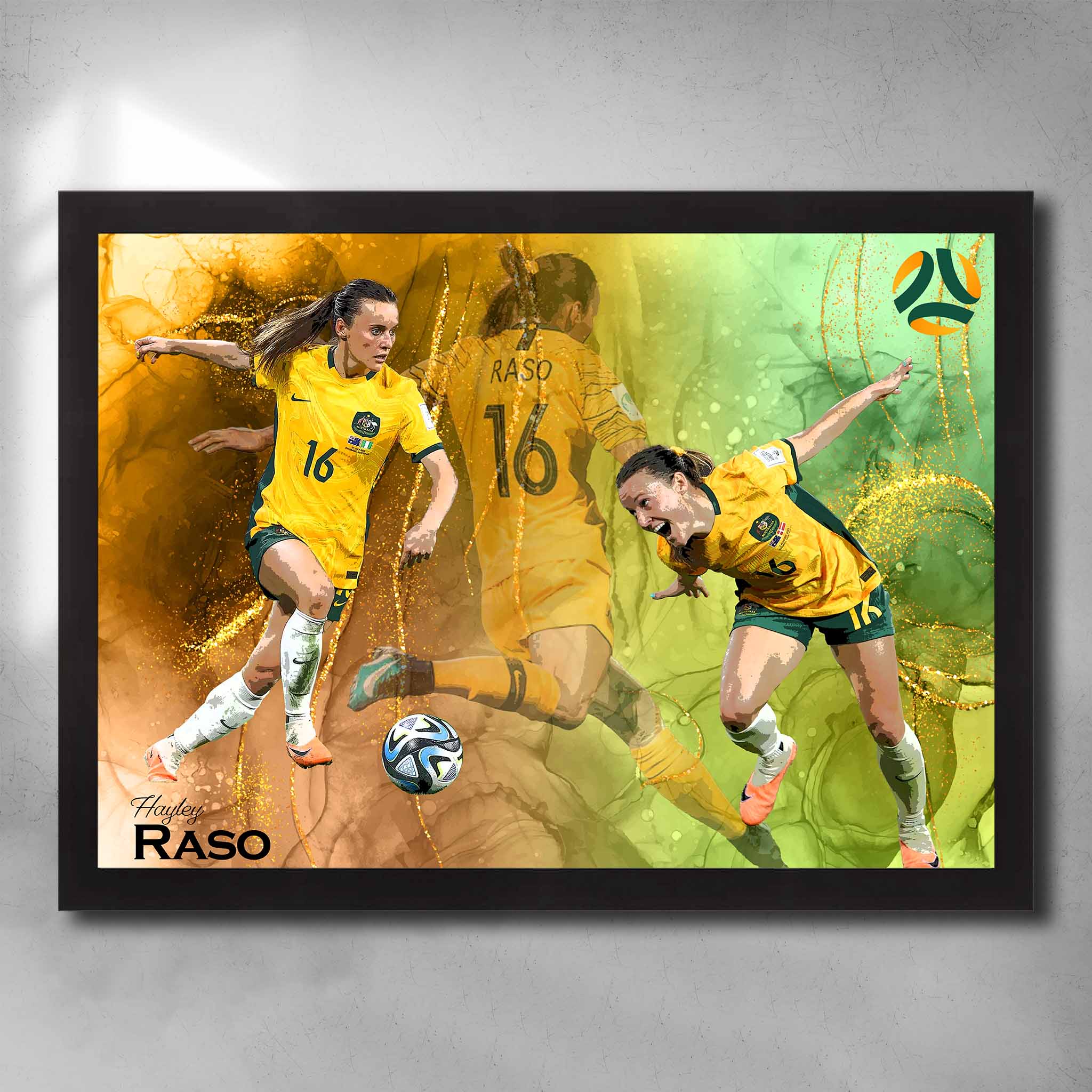 Hayley Raso framed sports wall art featuring dynamic Matilda's action in green and gold with signature moves and background motion effects.