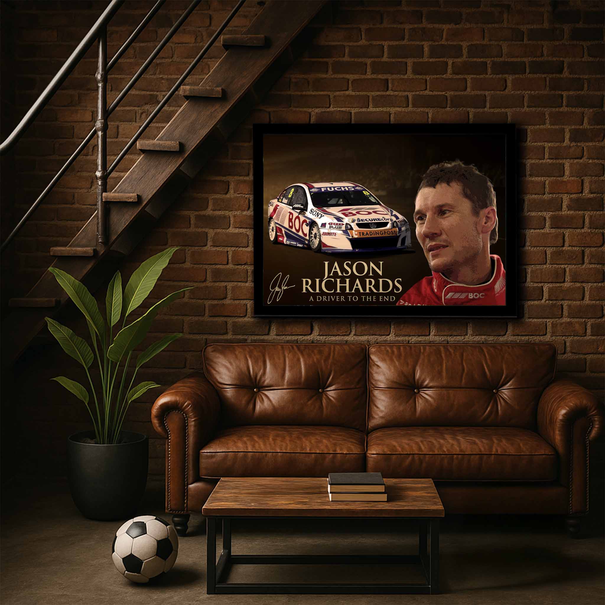 Jason Richards racing tribute wall art framed in a living room space, shown above a couch, available at www.sportscaveshop.com.