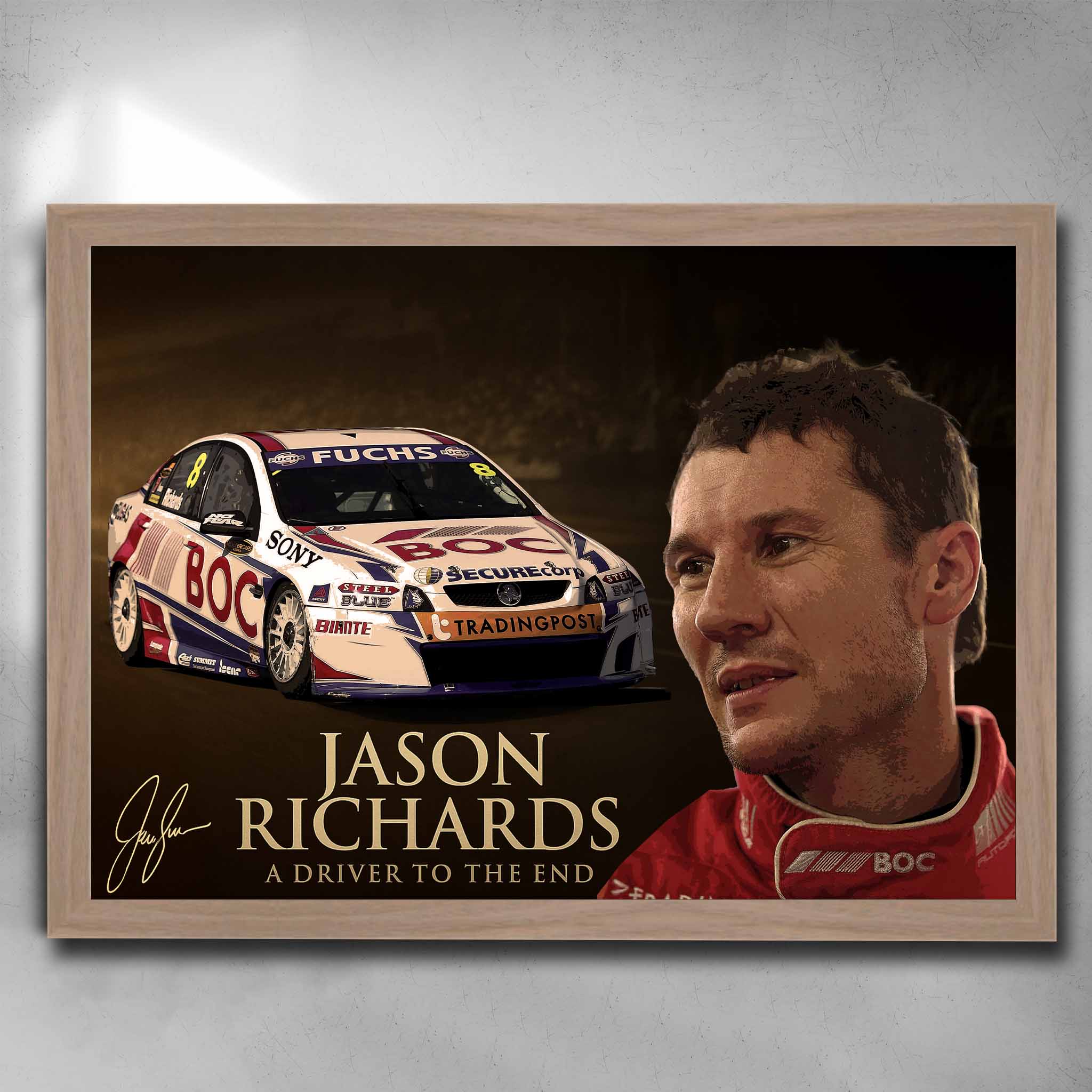 Oak framed, high-quality Jason Richards Bathurst tribute racing print, featuring his iconic BOC car, available at www.sportscaveshop.com.