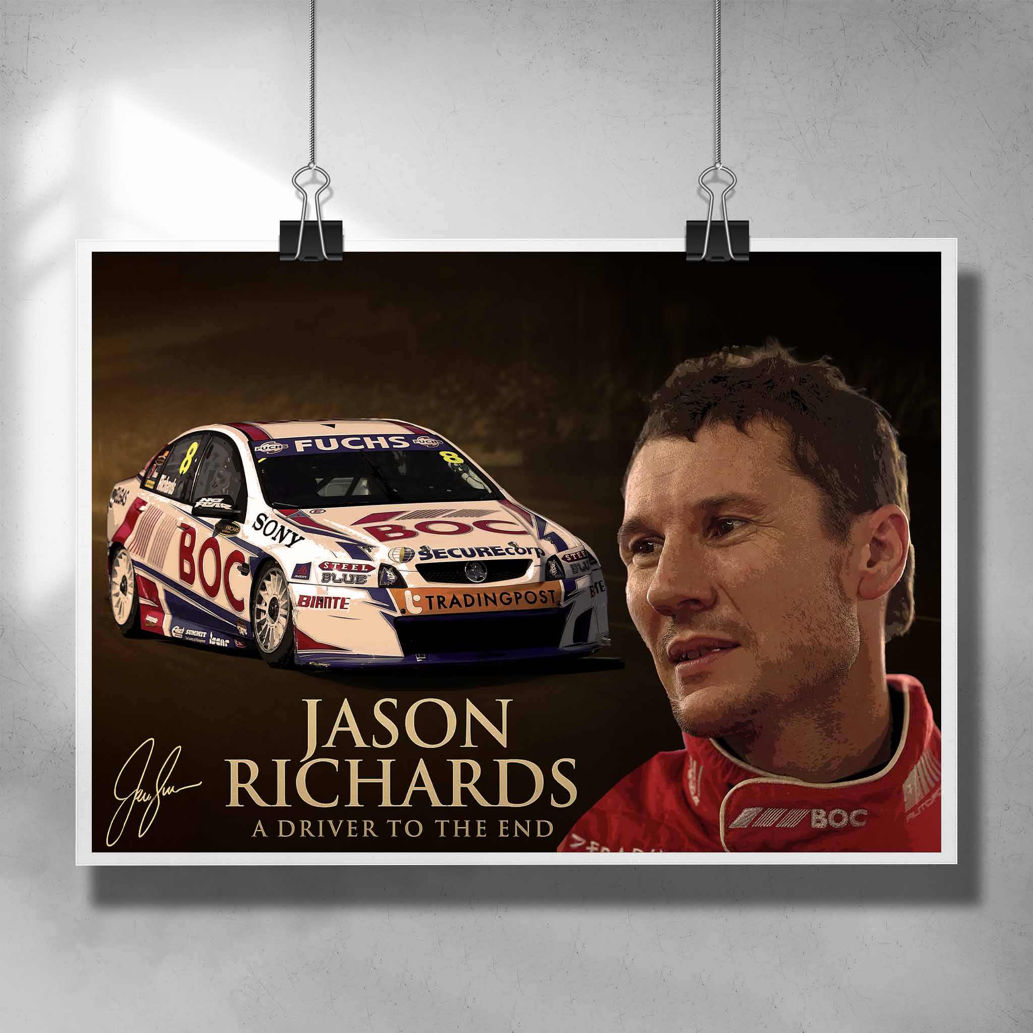 High-quality Jason Richards Bathurst tribute racing print, featuring his iconic BOC car, available at www.sportscaveshop.com.