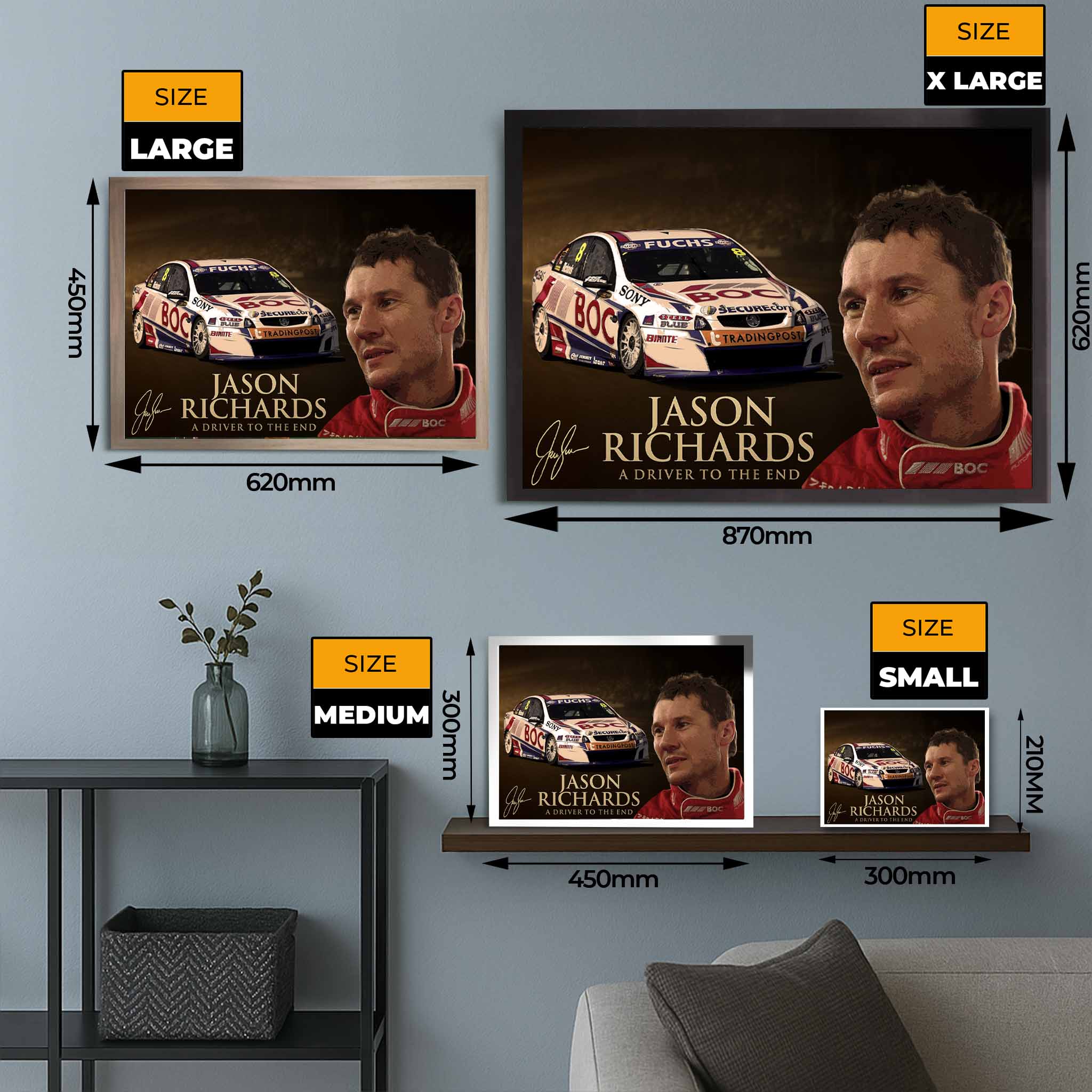 Jason Richards racing wall art size guide with framed print shown in small, medium, large, and extra large at www.sportscaveshop.com.