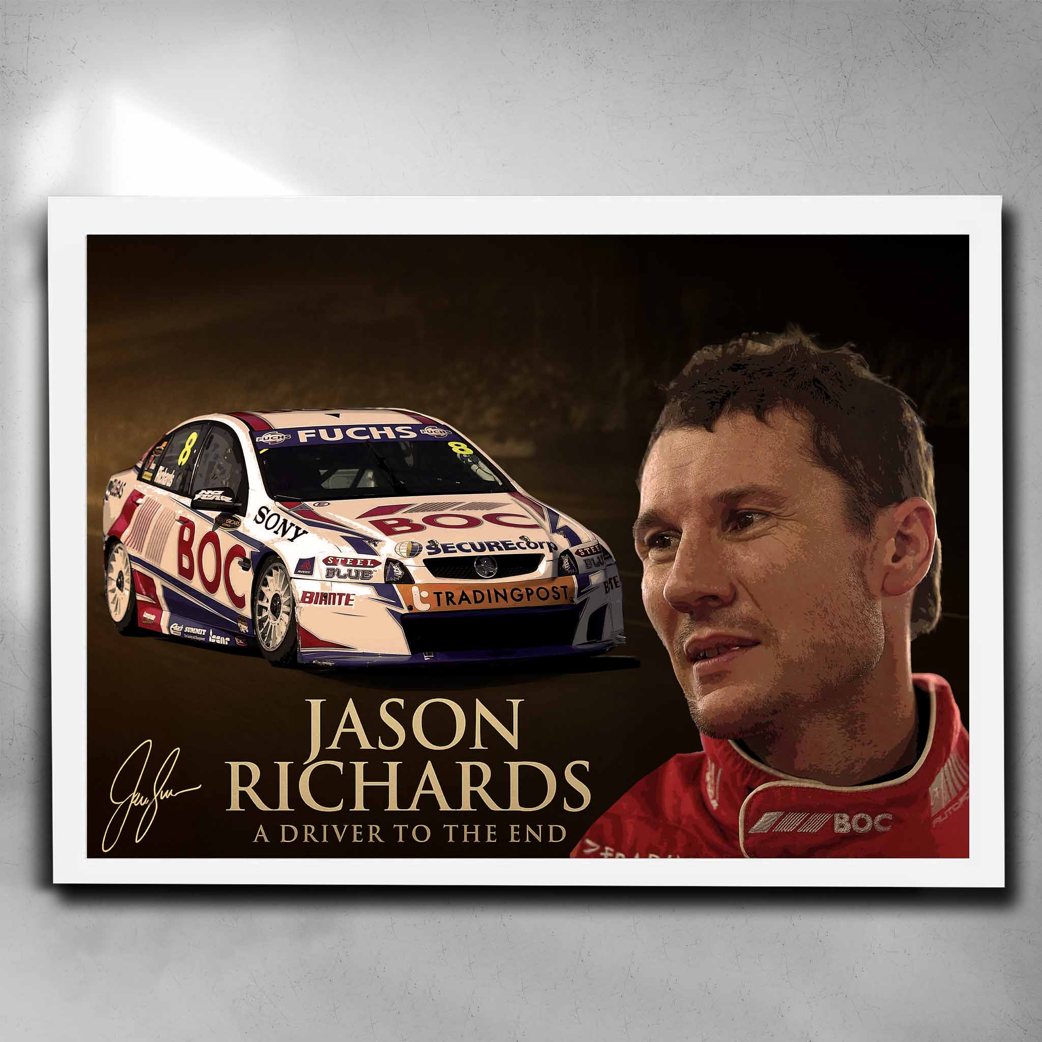 White framed, high-quality Jason Richards Bathurst tribute racing print, featuring his iconic BOC car, available at www.sportscaveshop.com.