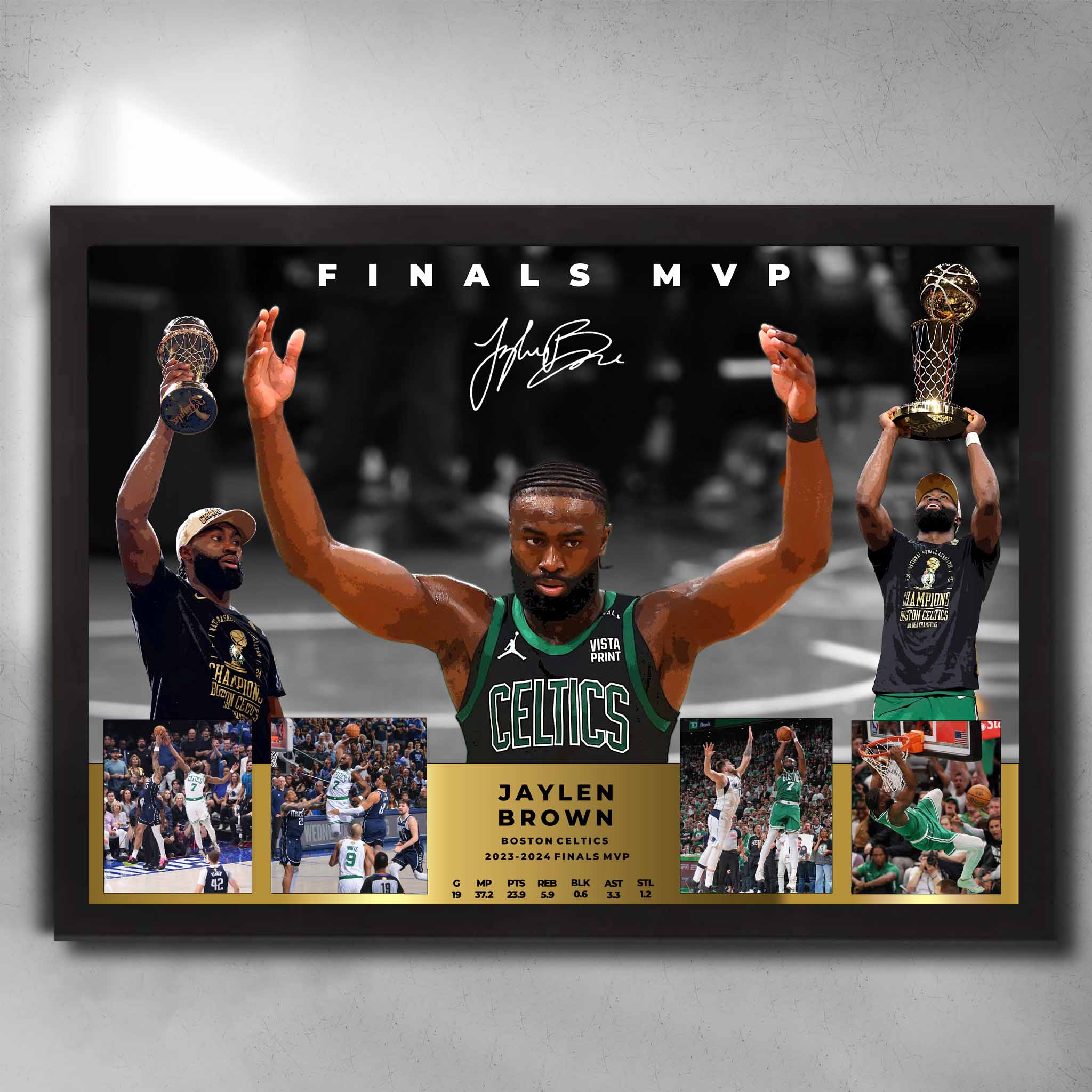 Framed Jaylen Brown Finals MVP wall art featuring Celtics jersey, action shots, and gold-accented plaque design.