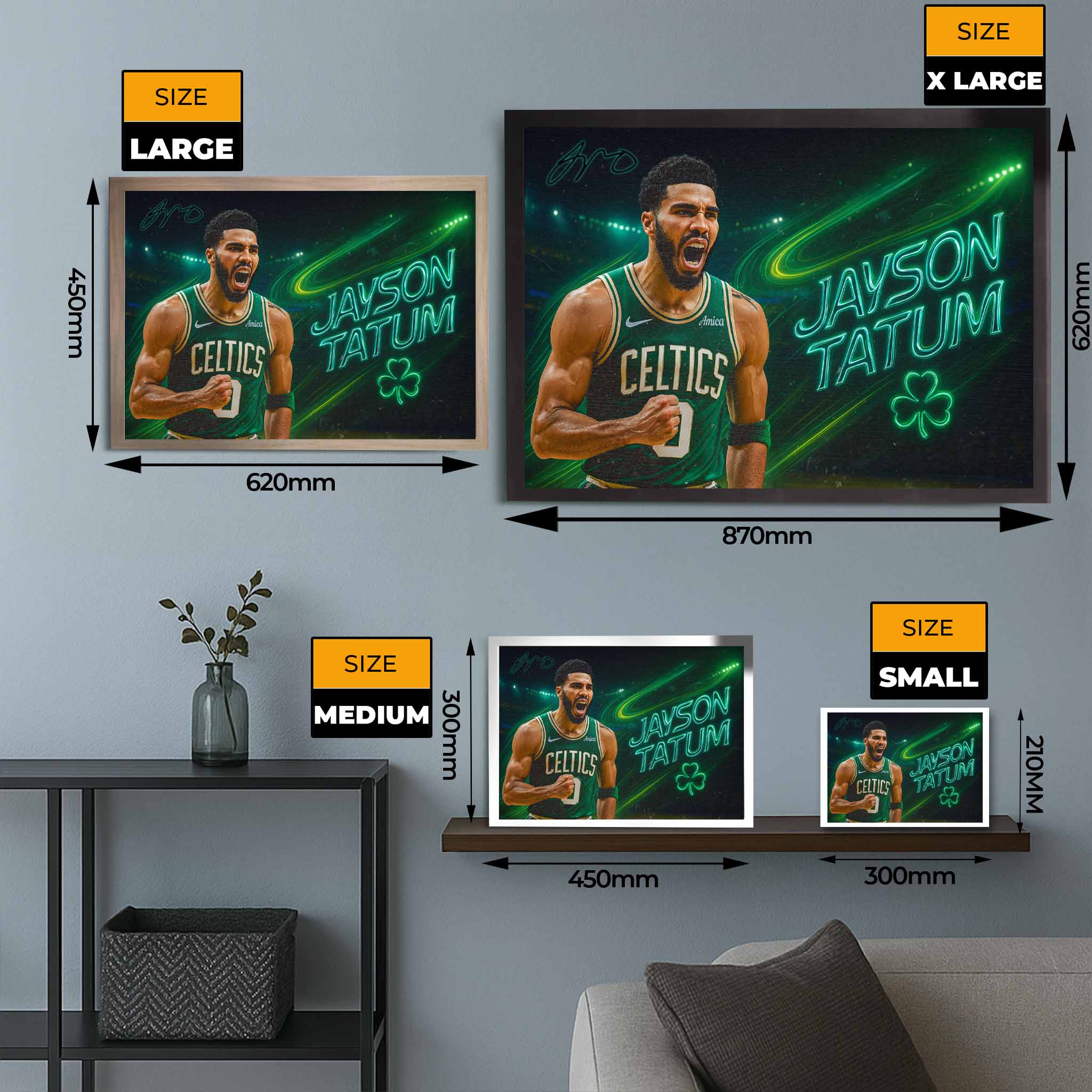All sizes of Jayson Tatum framed sports art from www.sportscaveshop.com, shown in a styled room setting from small to XL.