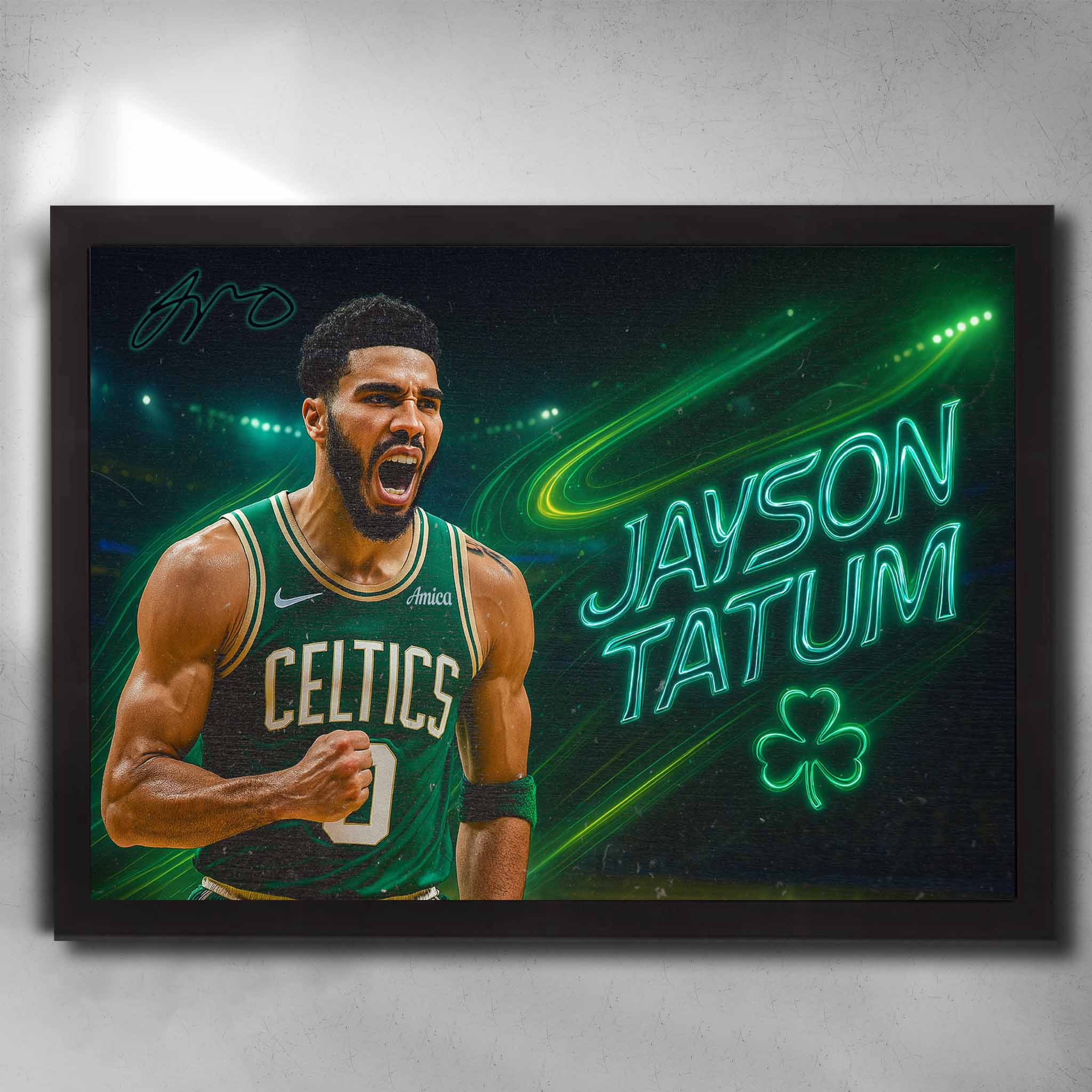 Framed Jayson Tatum Boston Celtics wall art featuring bold celebration pose, neon green effects, and shamrock symbol.