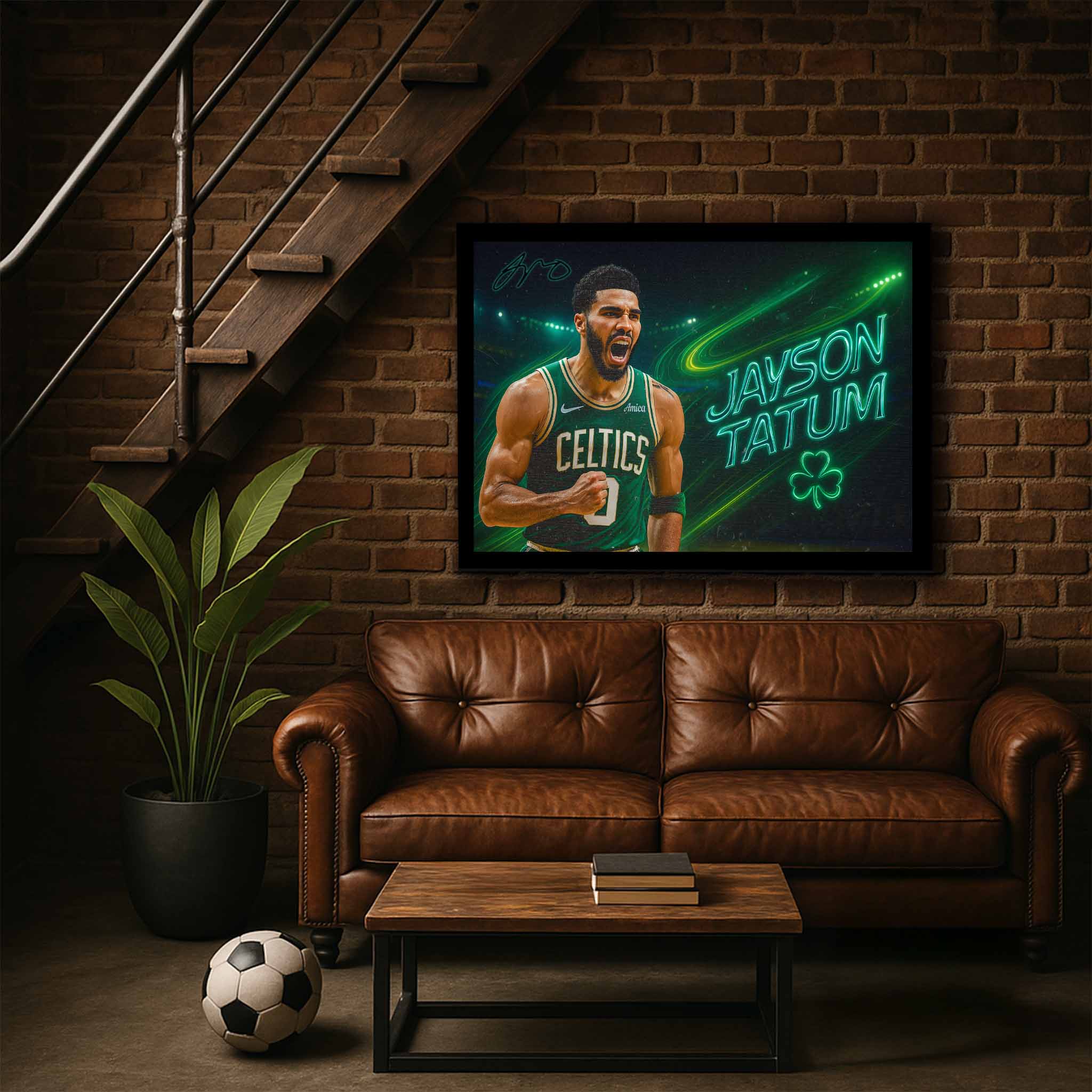 Jayson Tatum framed sports art displayed in a stylish man cave setup, available exclusively at www.sportscaveshop.com.