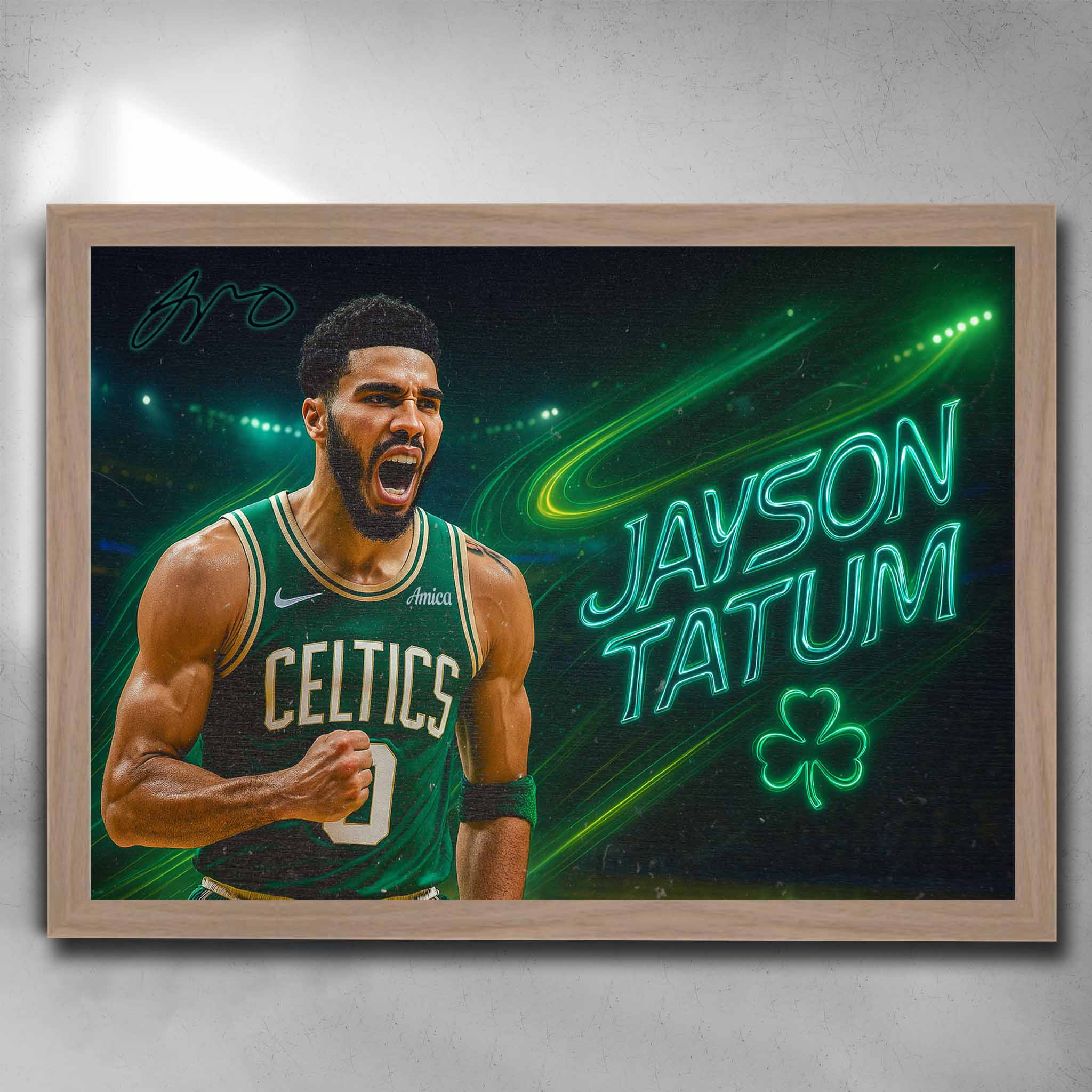 Oak framed NBA art of Jayson Tatum in Celtics jersey celebrating on court, available at www.sportscaveshop.com for true NBA fans.