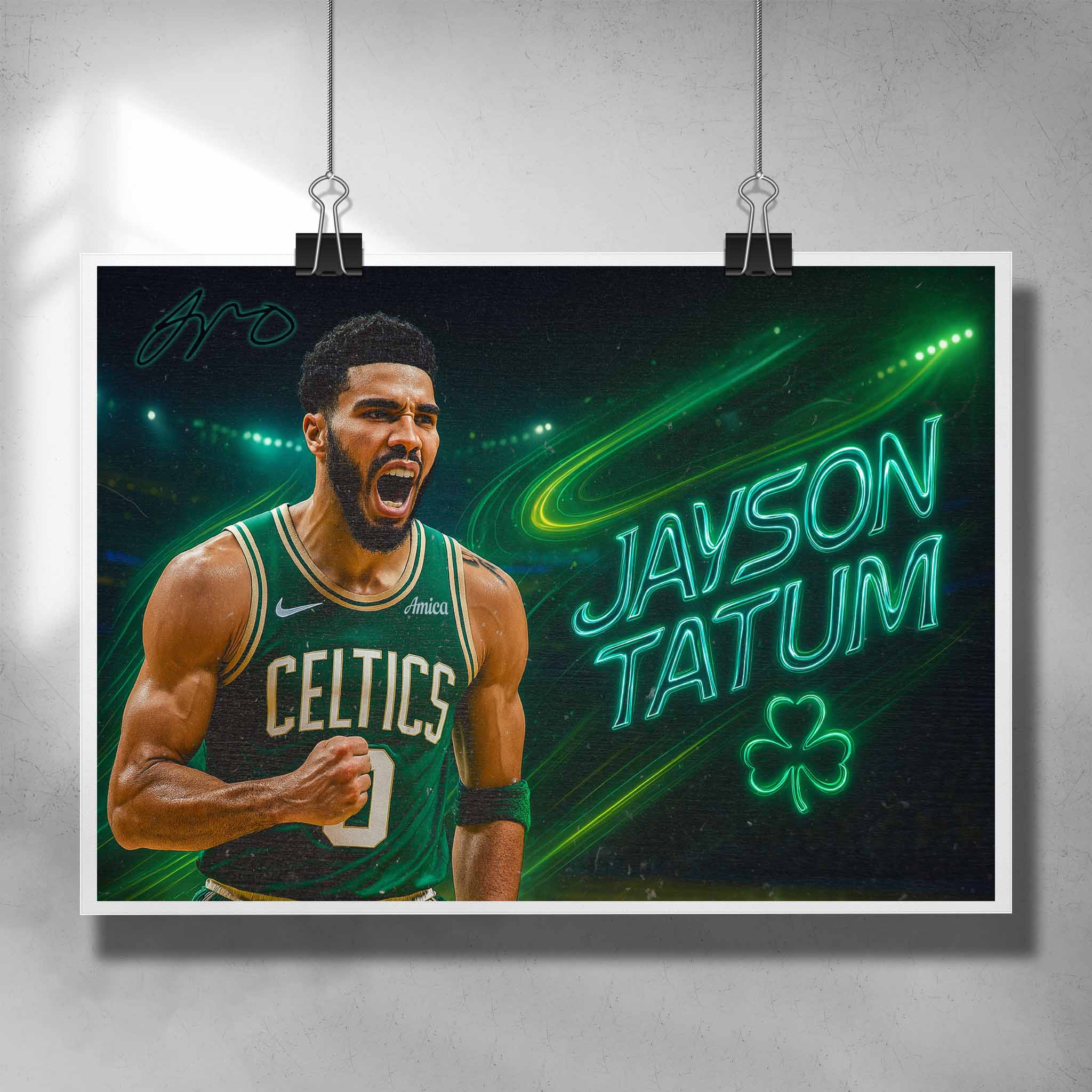 Signed NBA Poster of Jayson Tatum in Celtics jersey celebrating on court, available at www.sportscaveshop.com for true NBA fans.