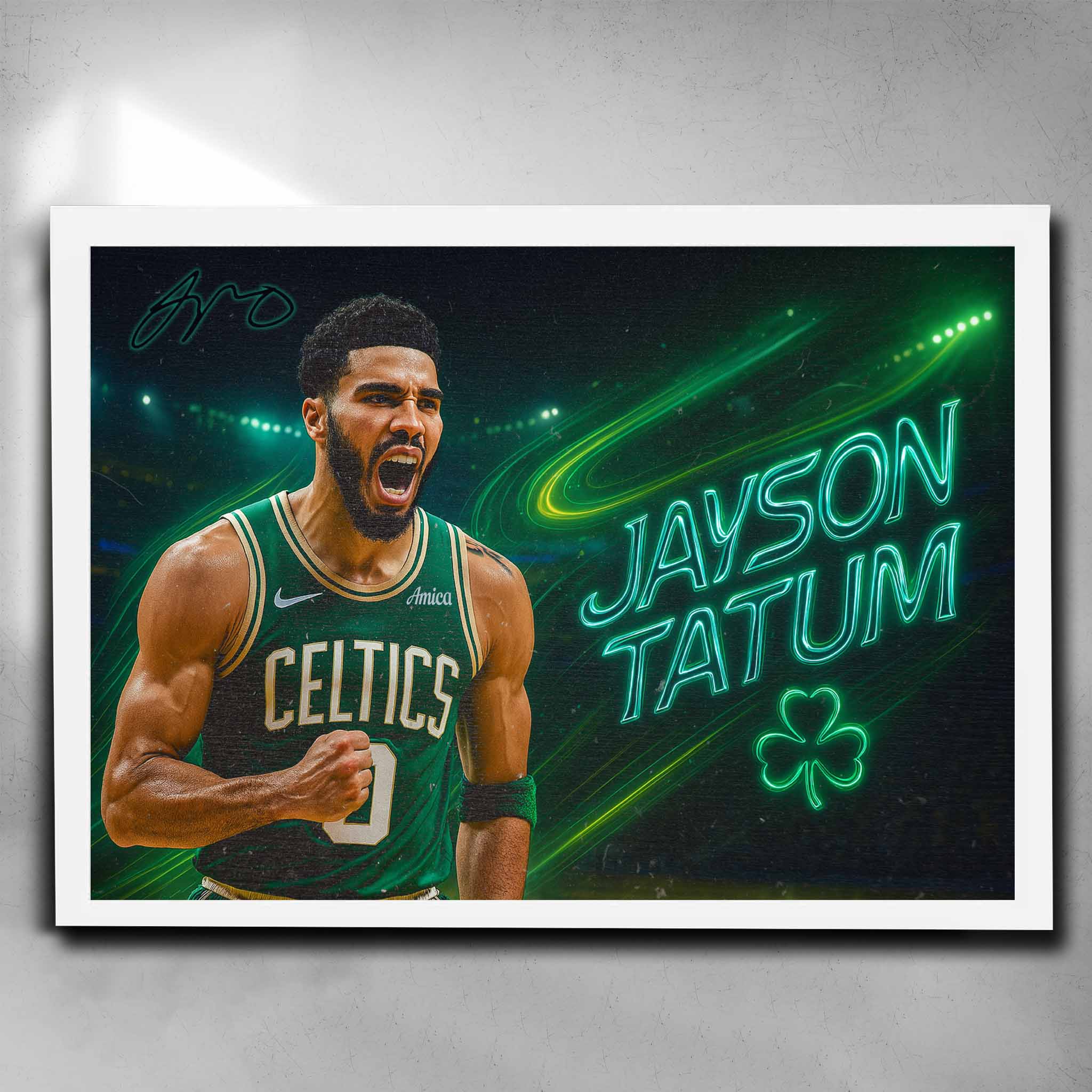 White framed sports art of Jayson Tatum in Celtics jersey celebrating on court, available at www.sportscaveshop.com for true NBA fans.