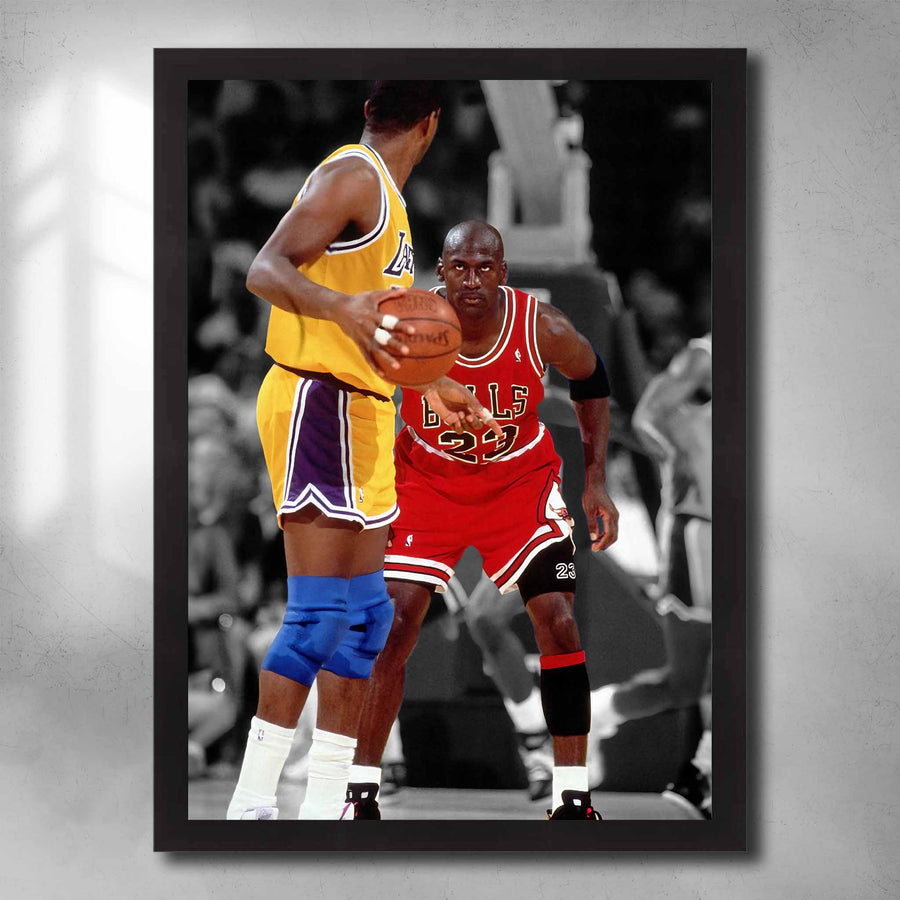 Black framed NBA art by Sports Cave featuring Michael Jordan Staring down Magic Johnson.