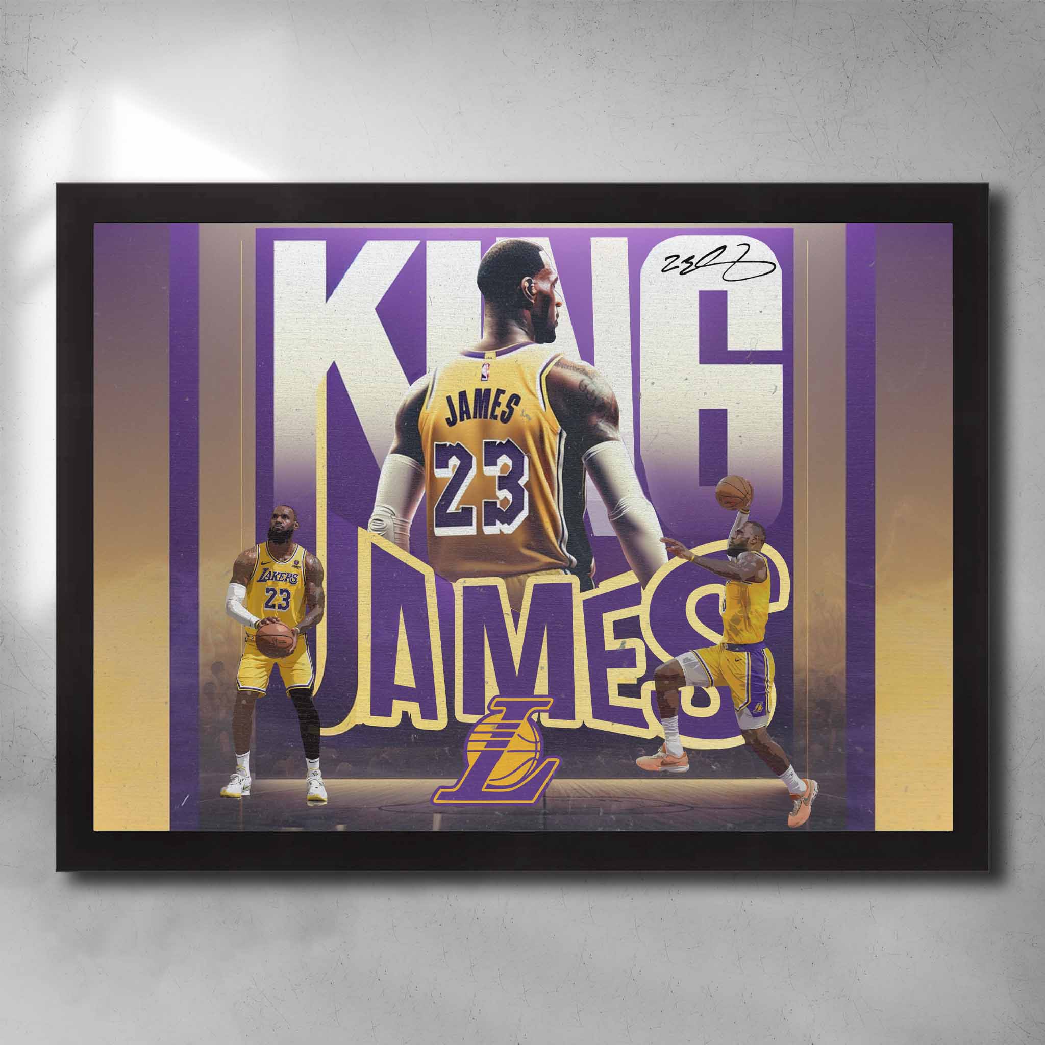 Framed LeBron James Lakers wall art with King James typography, Lakers logo, and multiple action poses in gold and purple tones.