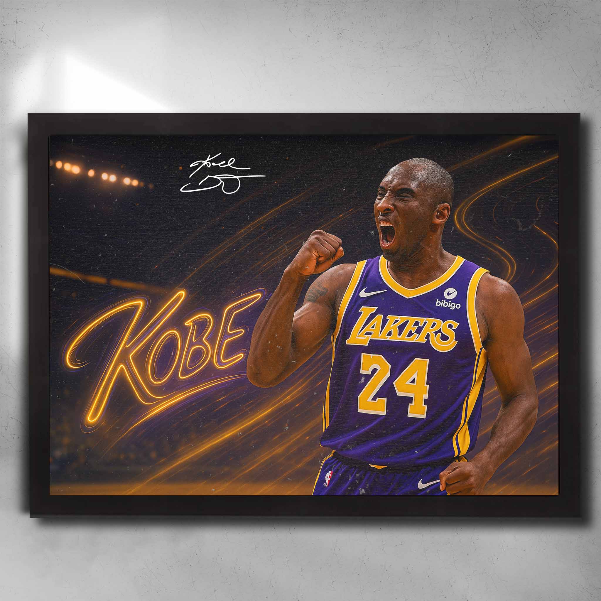 Black framed NBA Art featuring Kobe Bryant from the Las Angeles Lakers - Artwork by Sports Cave.