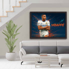 Kylian Mbappe fans household with a framed Mbappe print on the wall.