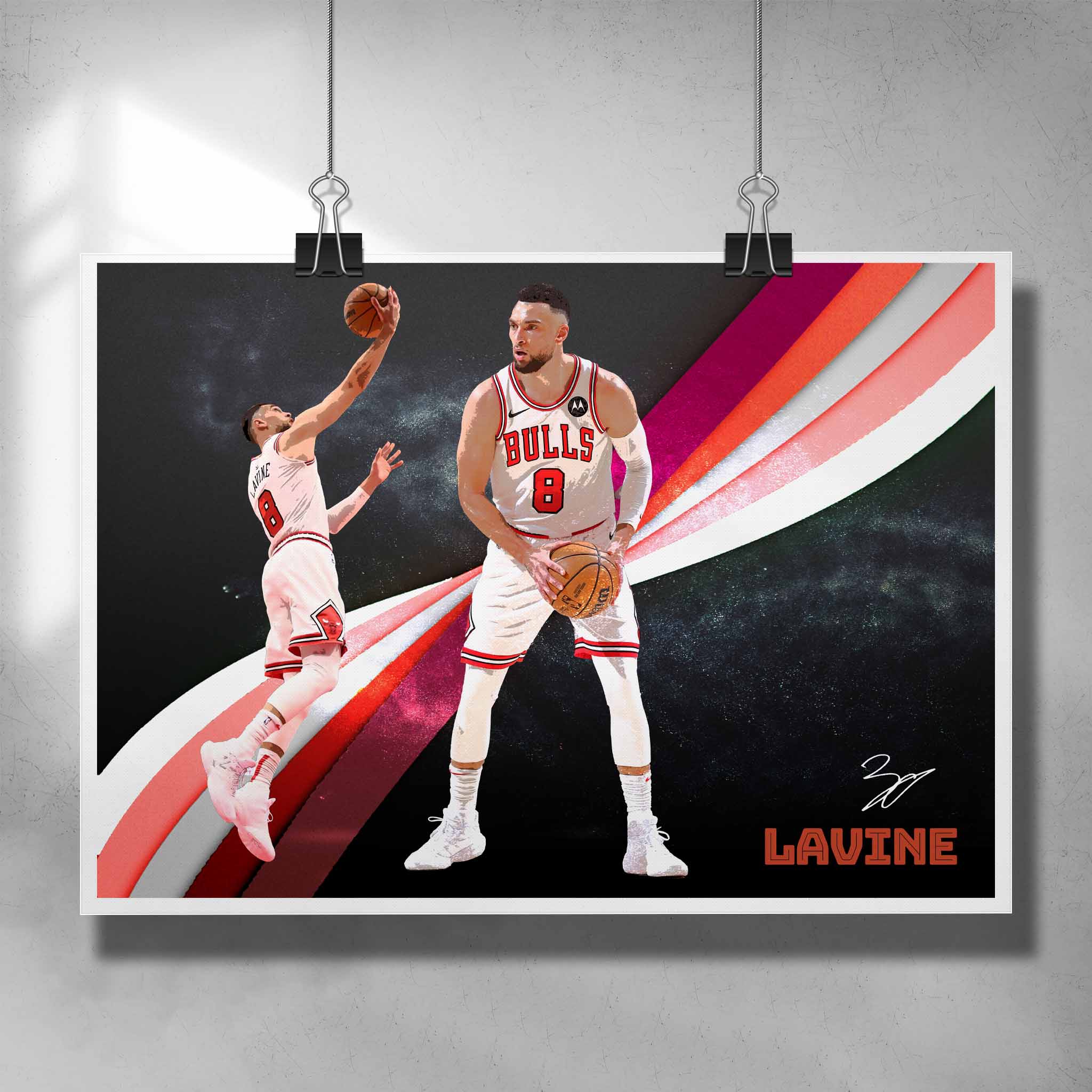 Unique NBA poster by Sports Cave, featuring Zach LaVine from the Chicago Bulls.