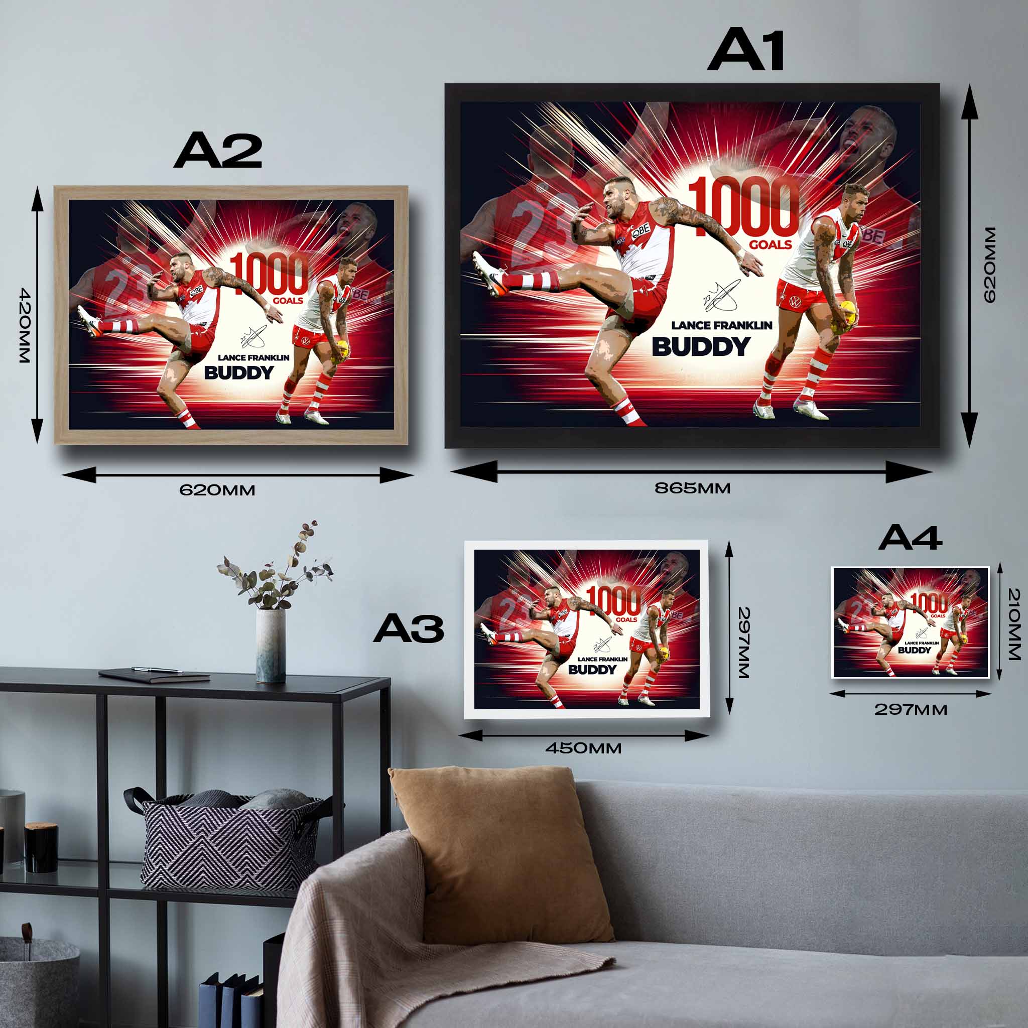 Visual representation of Lance Franklin framed art size options, ranging from A4 to A2, for selecting the right size for your space.