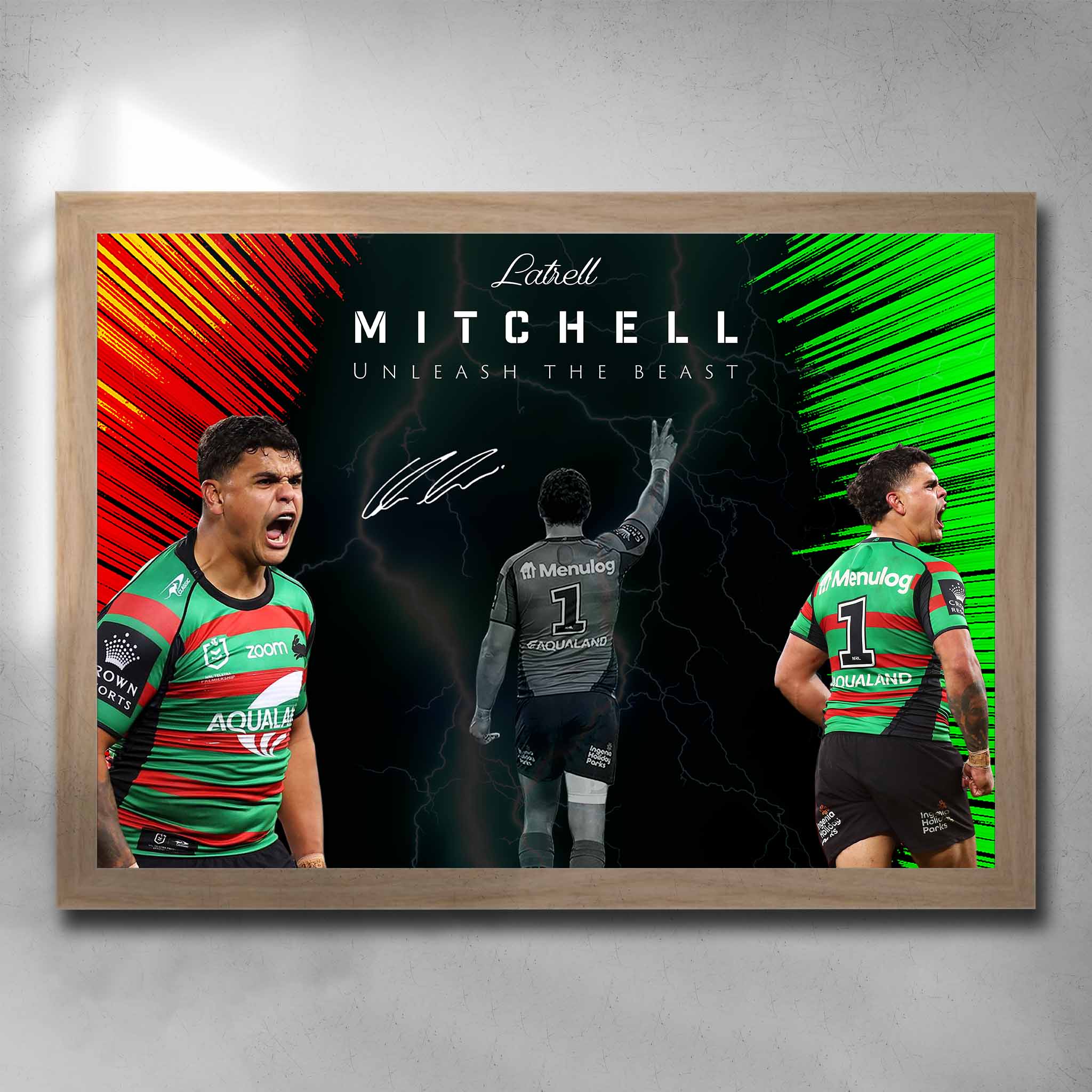 Rustic oak framed NRL art featuring Latrell Mitchell from the South Sydney Rabbitohs - Artwork by Sports Cave.