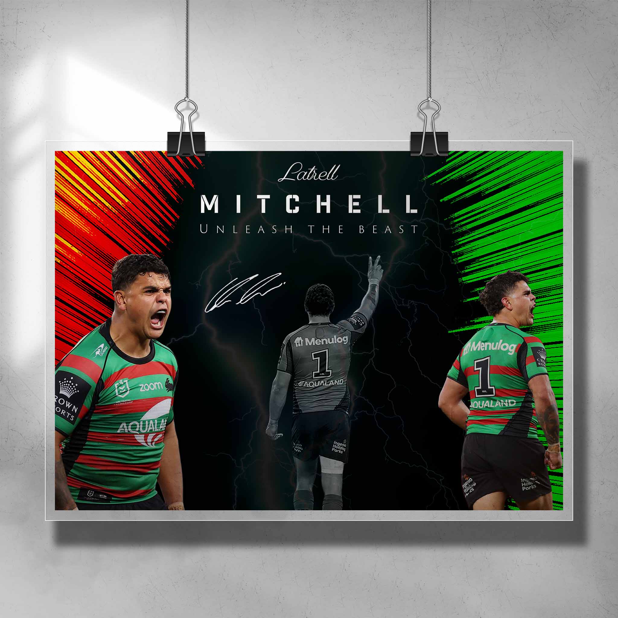 NRL Signed Latrell Mitchell Souths Sydney Rabbitohs Poster by Sports Cave