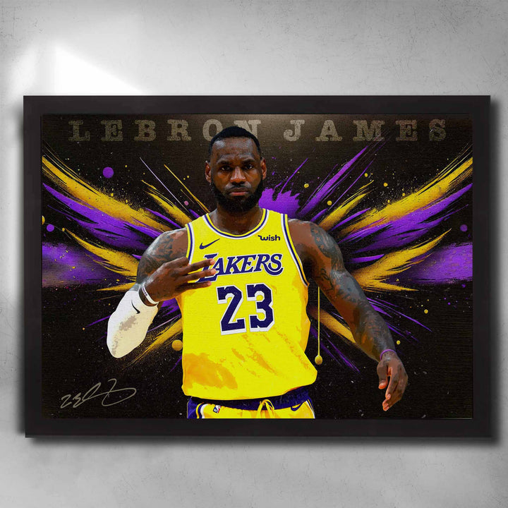Framed LeBron James Lakers wall art with yellow jersey, purple wings graphic background, and signature details.