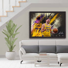 Luka Dončić Lakers framed wall art – black frame, high-quality NBA poster featuring Luka Dončić in Los Angeles Lakers jersey, perfect for basketball fans and home decor.