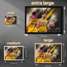Luka Dončić Lakers wall art size guide – small, medium, large, extra-large framed NBA poster in black and oak frame options, perfect for basketball fans and home decor.