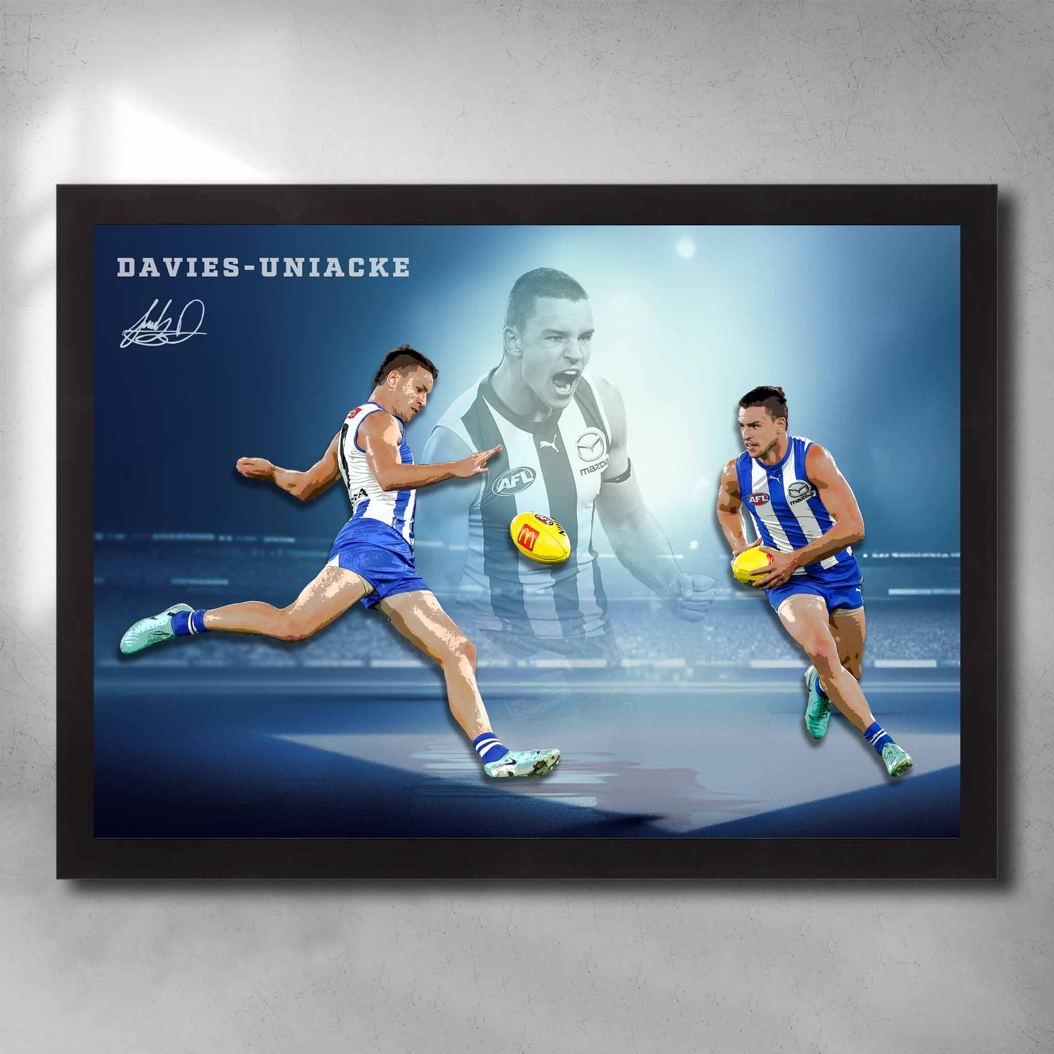 Black framed AFL art by Sports Cave, featuring Luke Davies-Uniacke from North Melbourne Kangaroos.