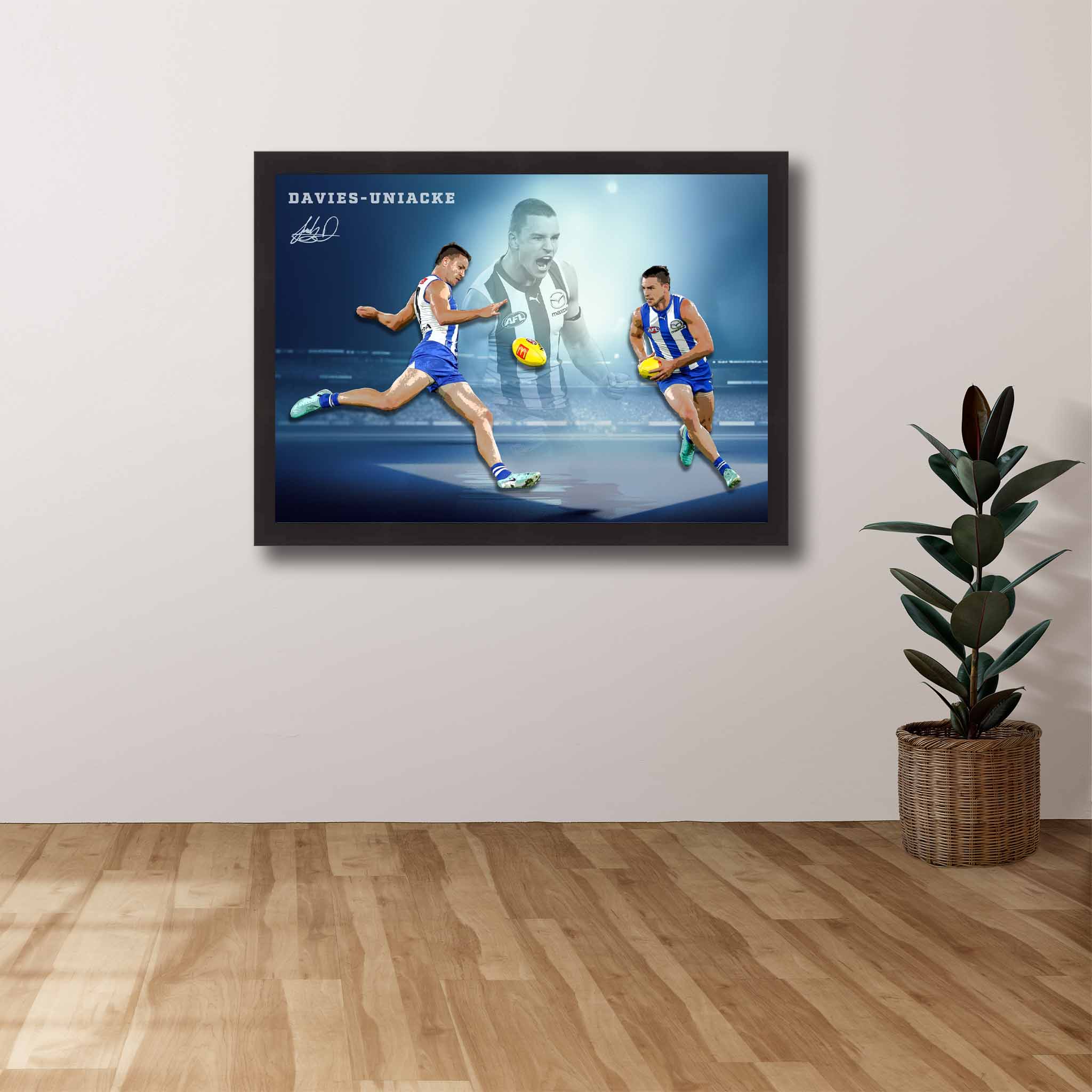 AFL Die-hard Supporters House, featuring a framed print of Luke Davies-Uniacke showcased on the wall.