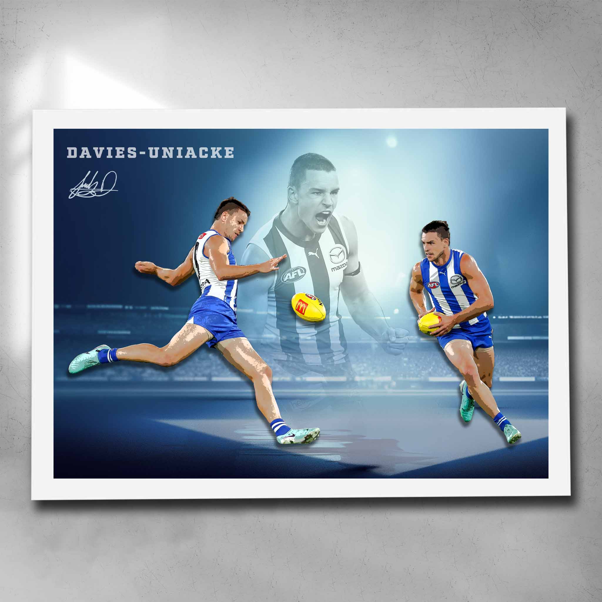 White framed AFL art by Sports Cave, featuring Luke Davies-Uniacke from North Melbourne Kangaroos.