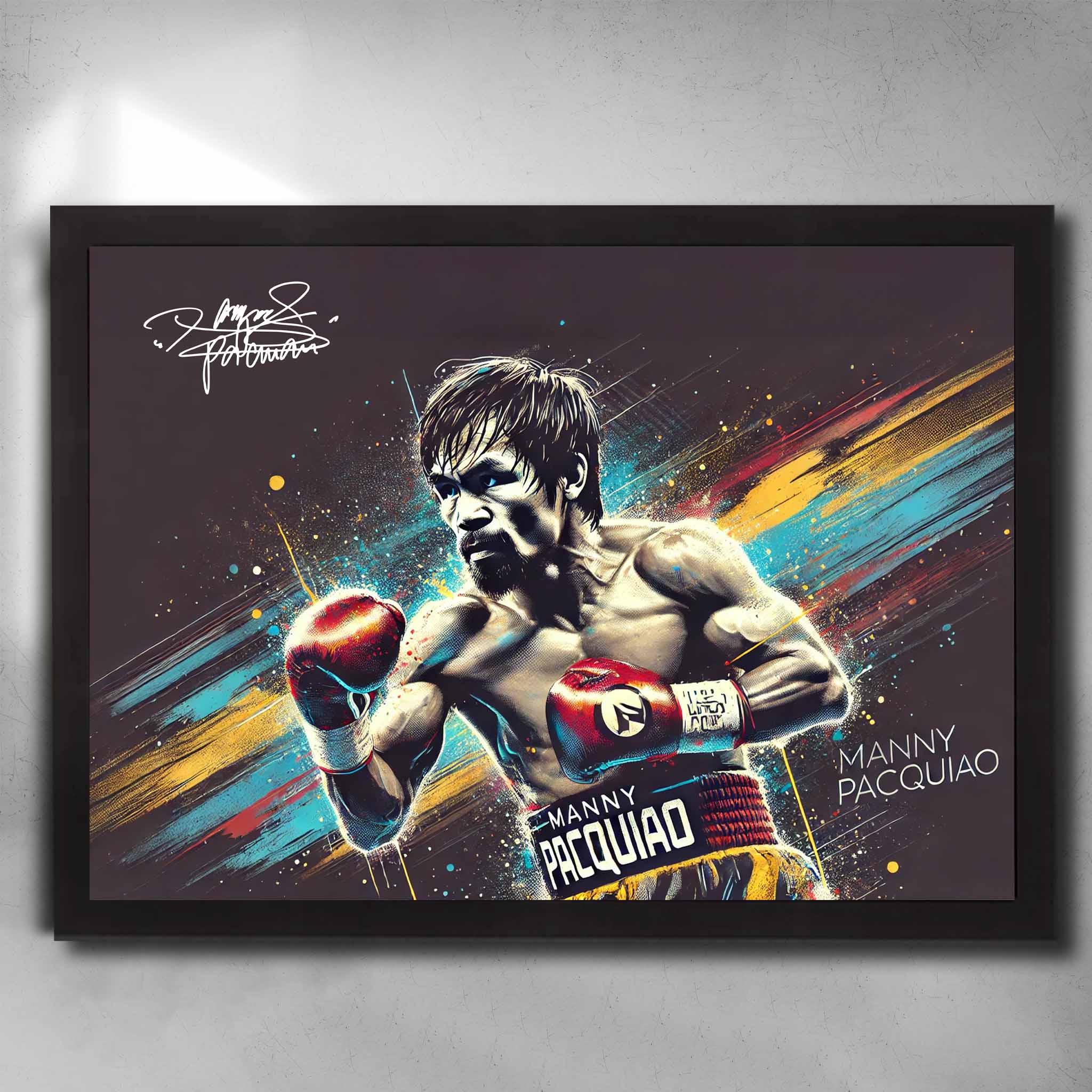 Framed Manny Pacquiao boxing wall art with action pose, signature gloves, and bold dynamic color streak background.