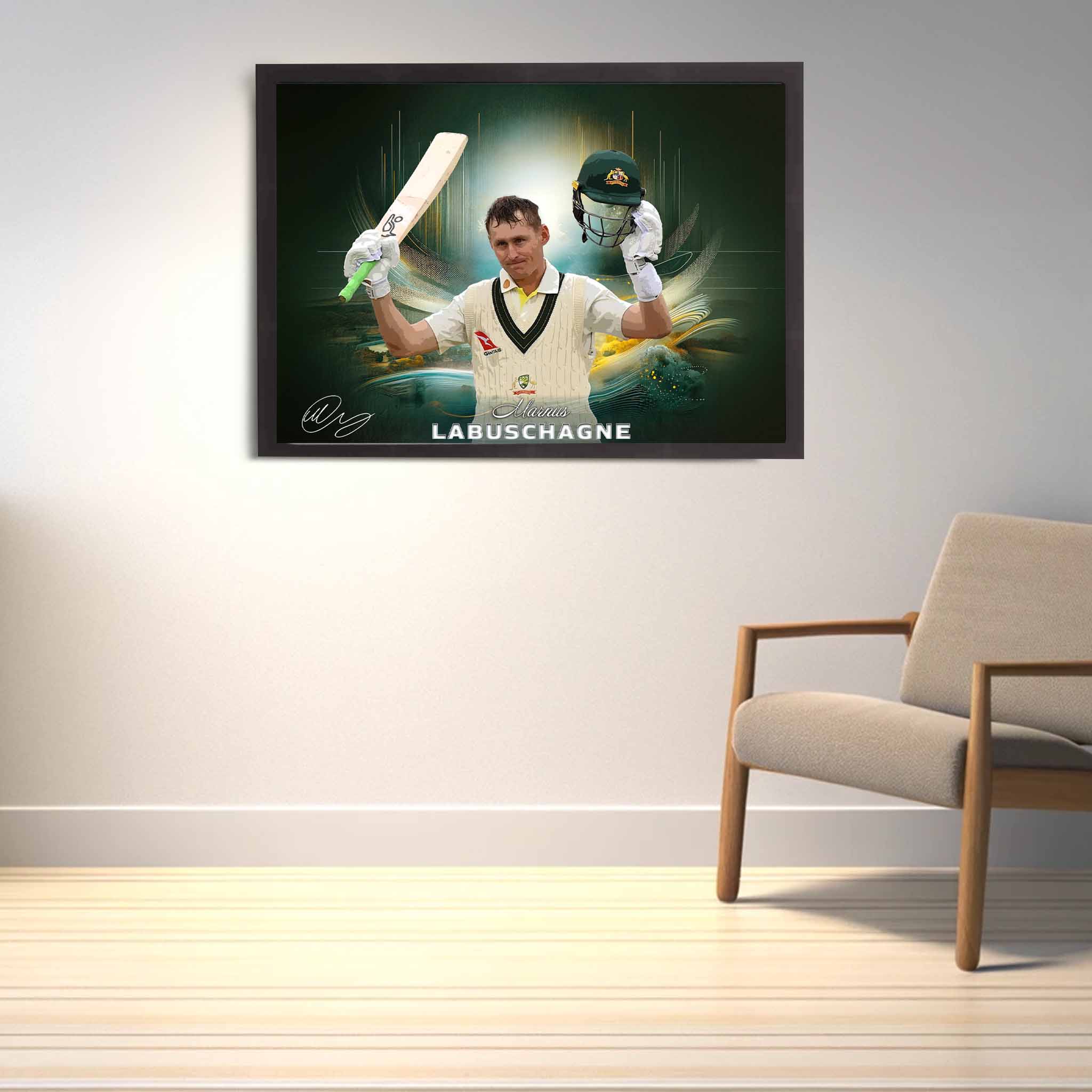 Cricket fan with Australian test player Marnus Labuschagne framed signed poster on display as home decor.