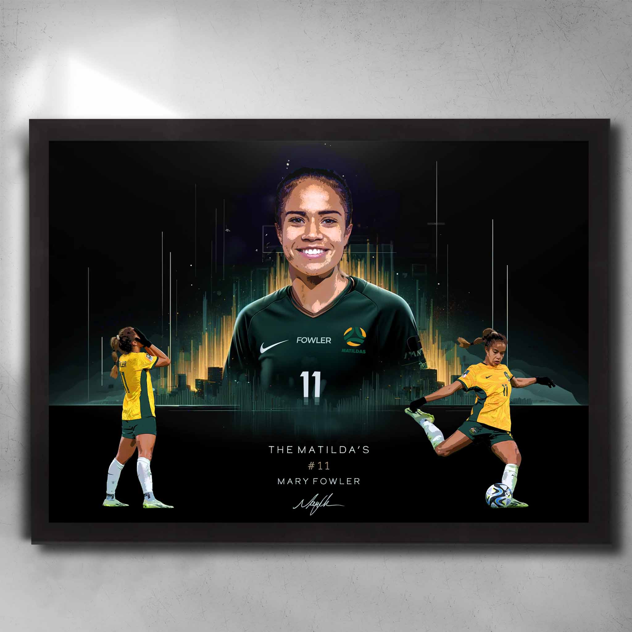 Framed Mary Fowler Matilda's wall art featuring dynamic poses, Australian jersey, and bold green and gold design.