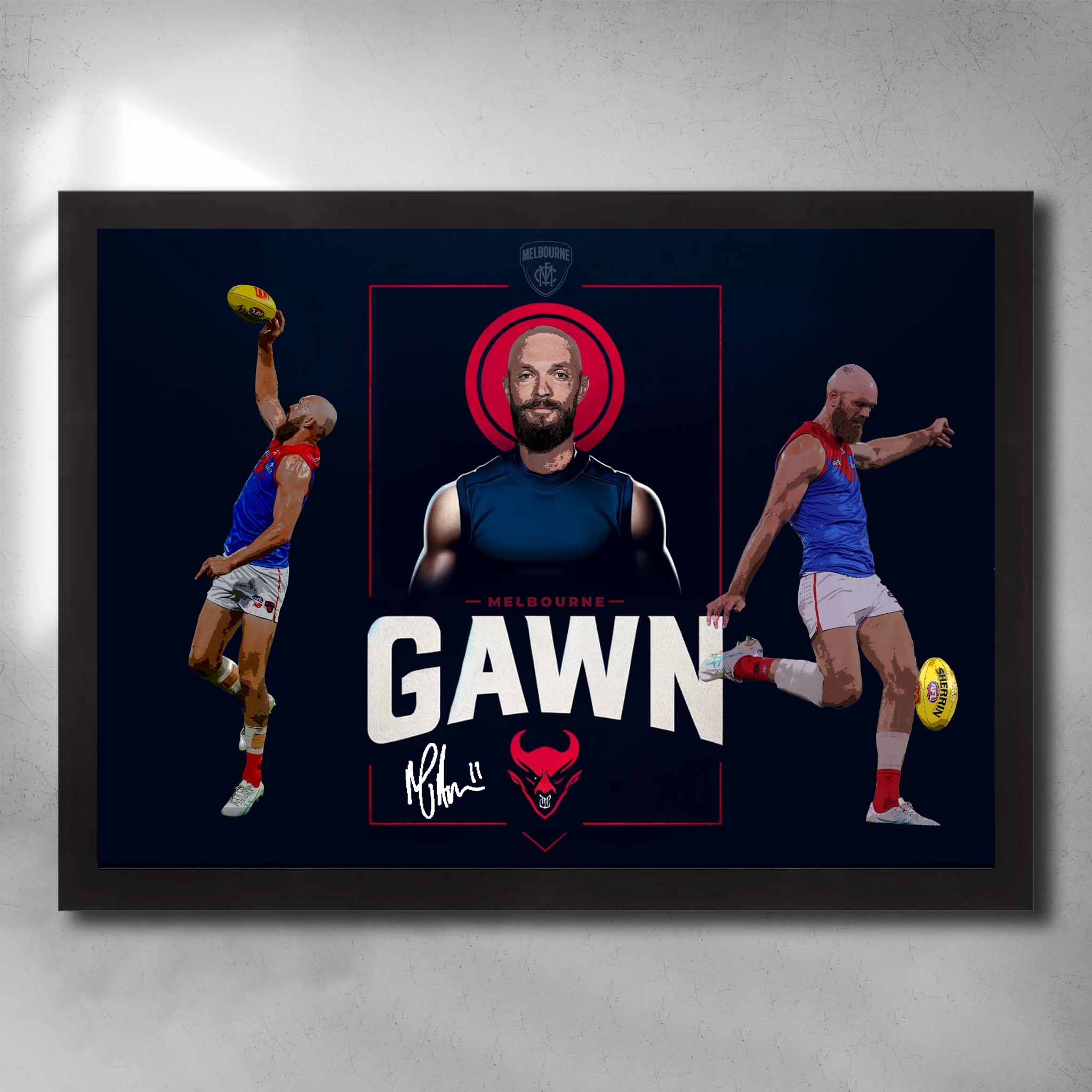 Black framed AFL art by Sports Cave, featuring Max Gawn from the Melbourne Demons.