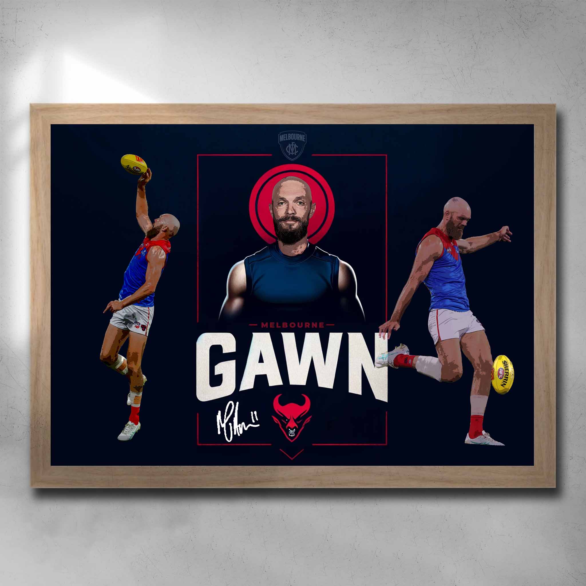 Oak framed AFL art by Sports Cave, featuring Max Gawn from the Melbourne Demons.