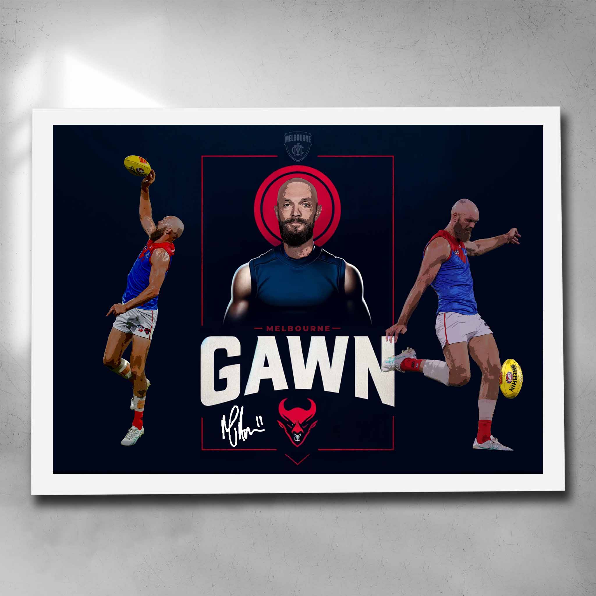 White framed AFL art by Sports Cave, featuring Max Gawn from the Melbourne Demons.