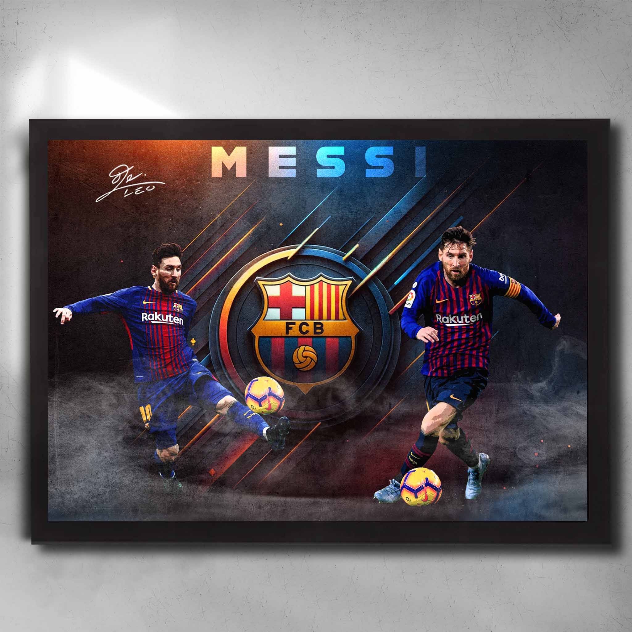 Framed Lionel Messi FC Barcelona wall art featuring action shots, club crest, and smoky dramatic background design.